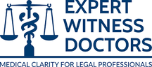 Logo with scales of justice and caduceus, text: "Expert Witness Doctors - Medical Clarity for Legal Professionals."