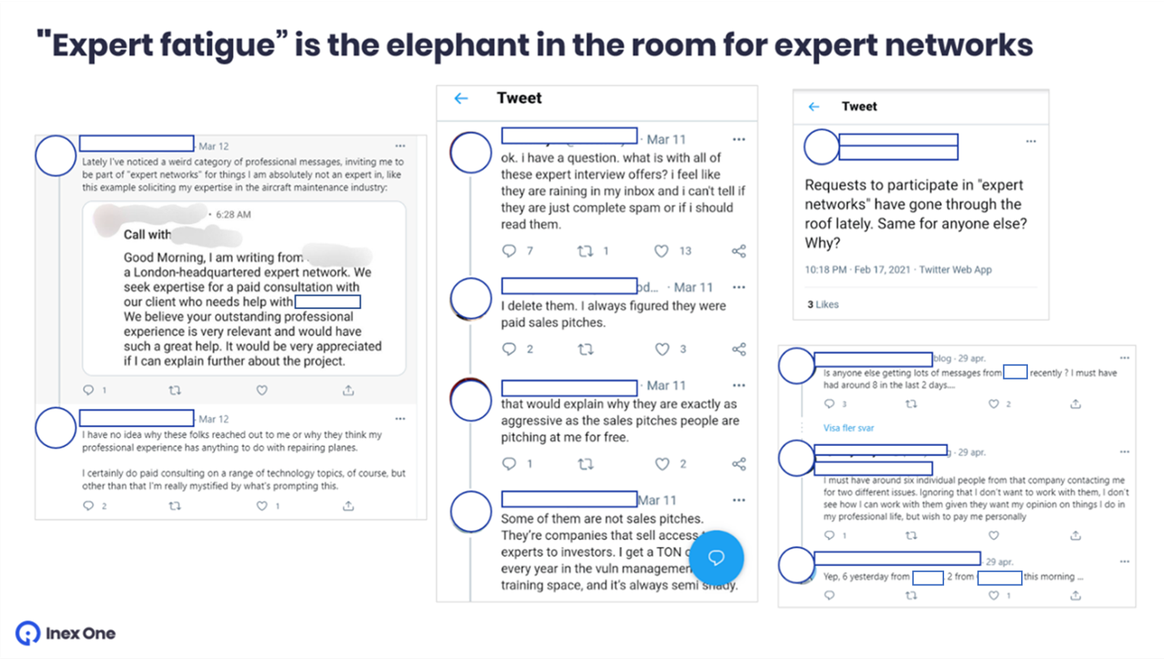 Recent tweets from experts who felt spammed by expert networks