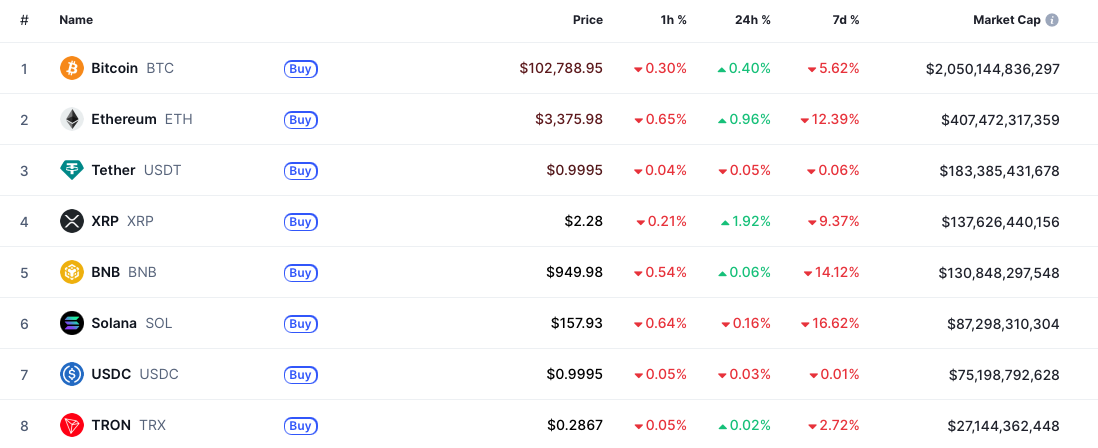 Screenshot of cryptocurrency market rankings showing the top coins by market capitalisation. Bitcoin (BTC) ranks first at around $102,788 per coin with a market cap of $2.05T, followed by Ethereum (ETH), Tether (USDT), XRP, BNB, Solana (SOL), USDC and TRON (TRX). Prices and 24-hour percentage changes are displayed.
