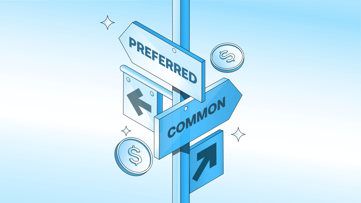 Illustration showing signposts labeled “Preferred” and “Common,” representing different types of stock investments.
