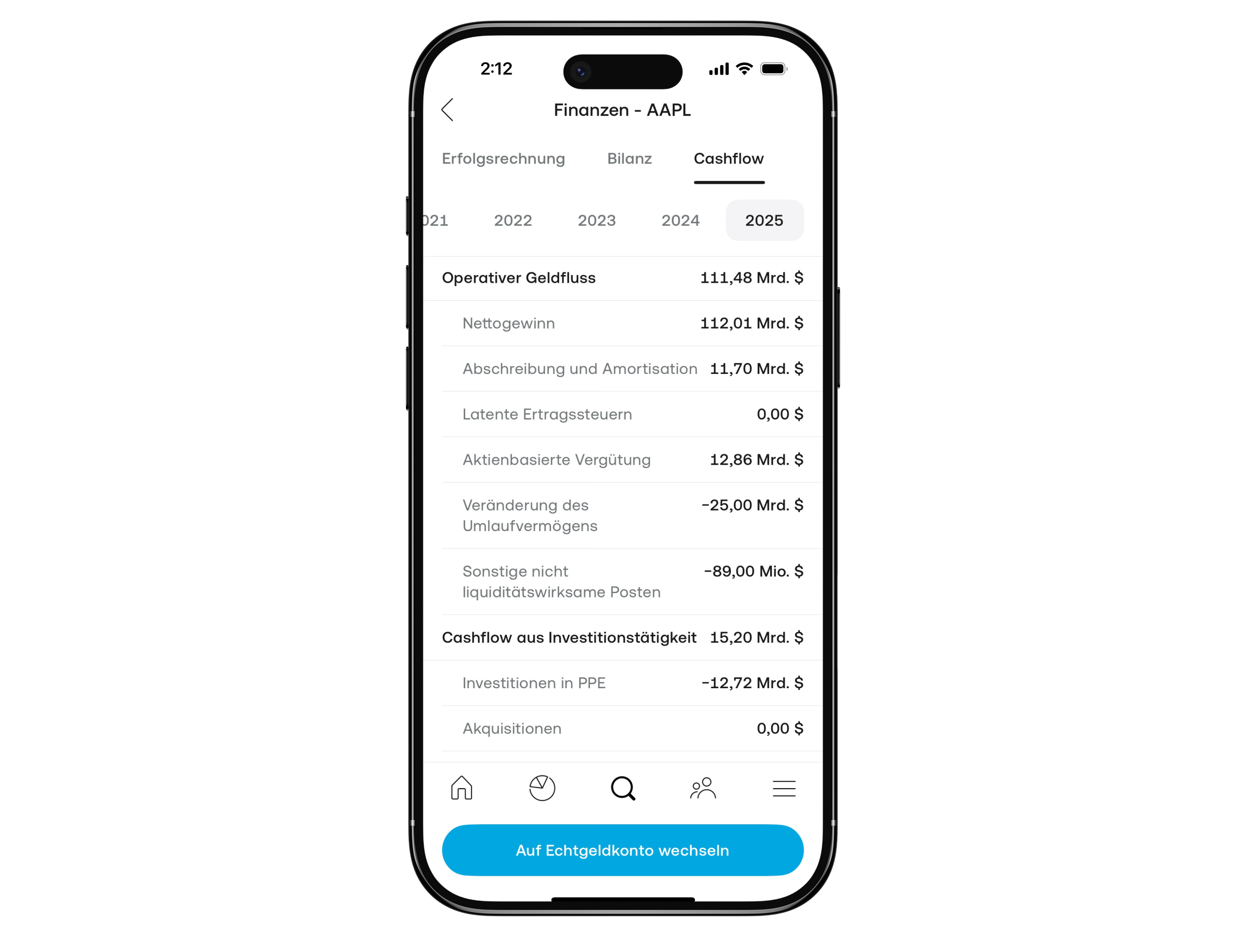 Trading-212-App auf dem iPhone mit Finanzdaten und Cashflow-Übersicht einer Aktie