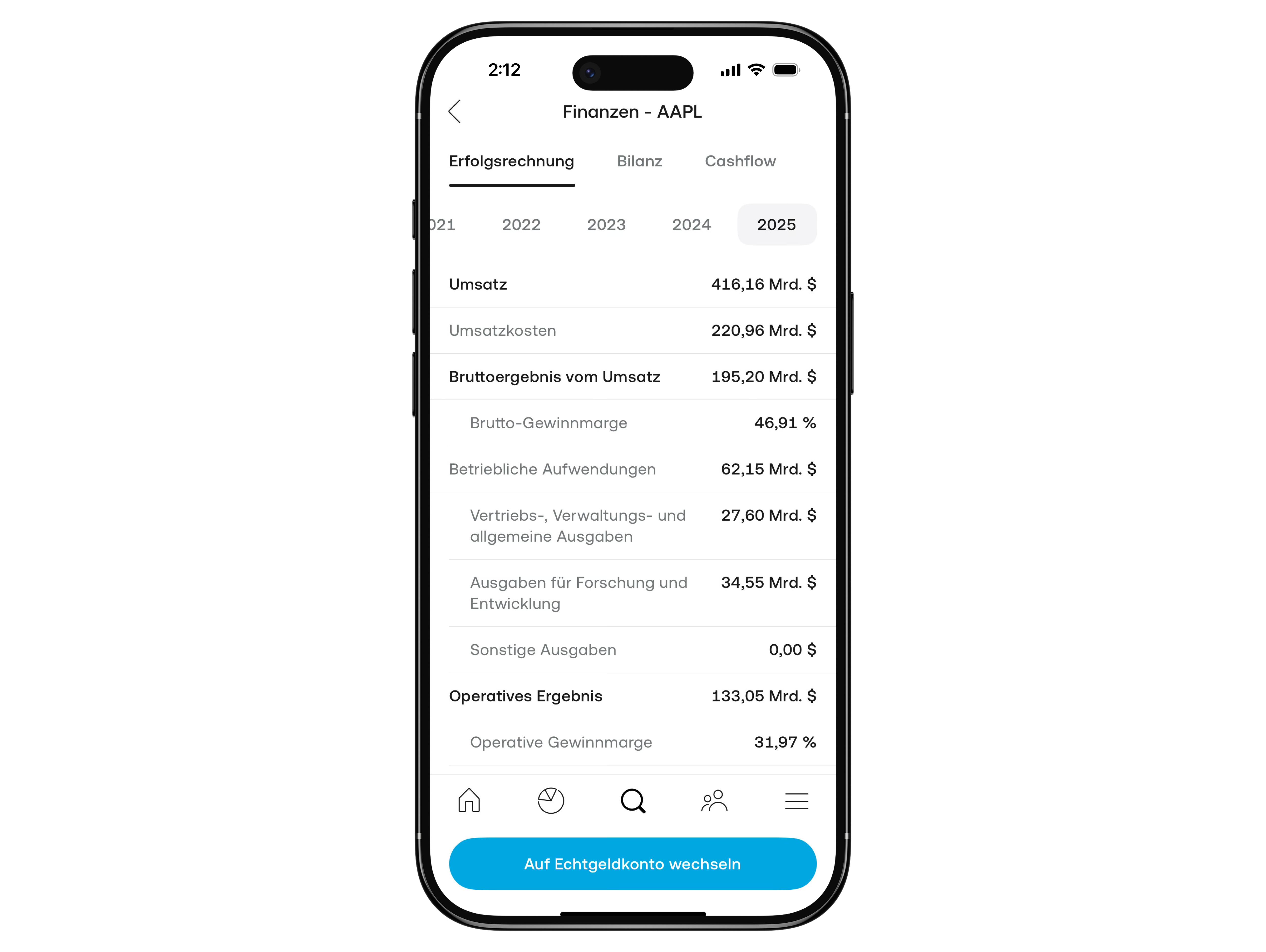 Trading-212-App auf dem iPhone mit Erfolgsrechnung und Finanzkennzahlen einer Aktie