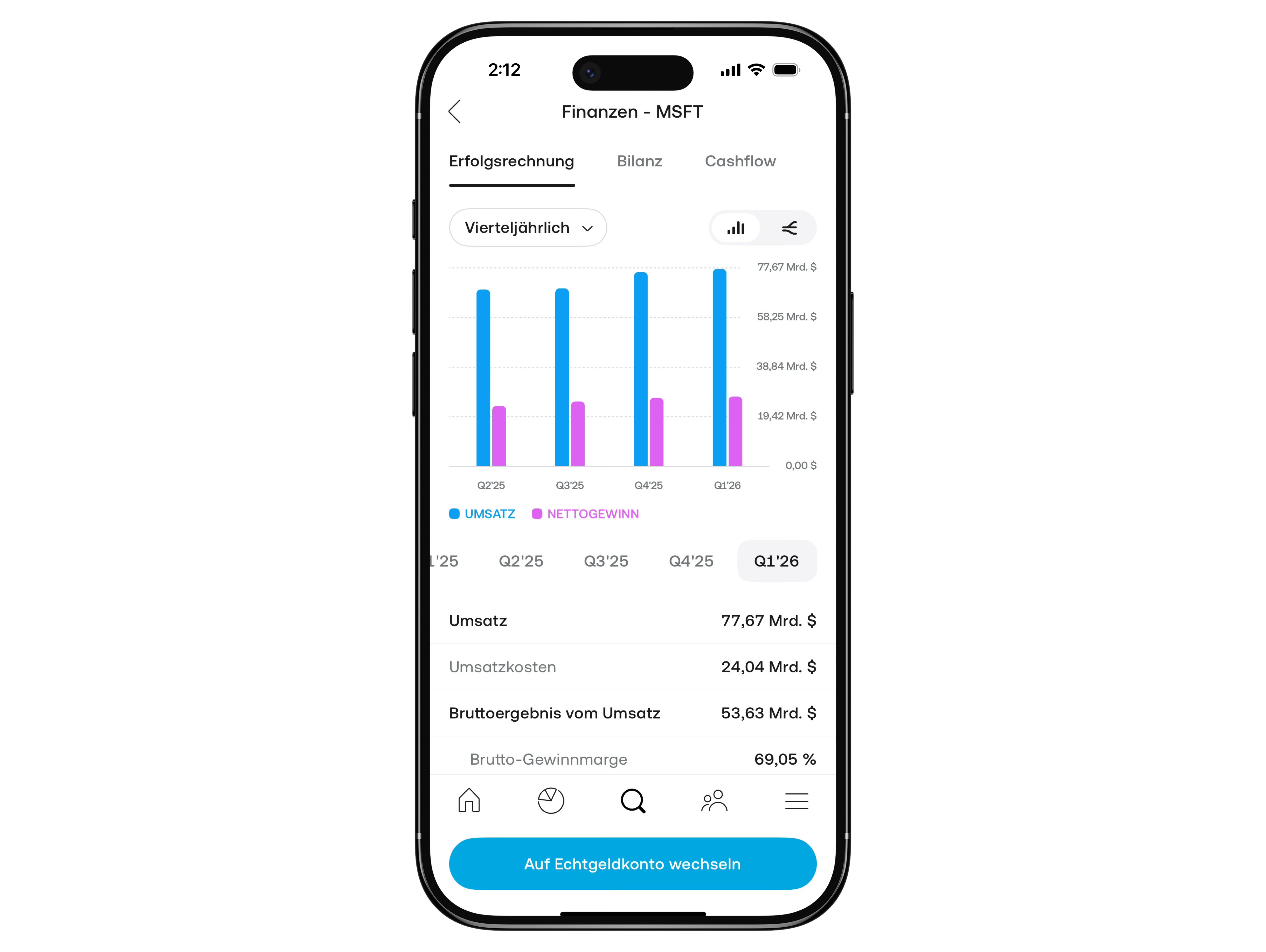 Smartphone-Ansicht der Trading-App mit Microsoft (MSFT) Finanzdaten: Vierteljährliche Erfolgsrechnung mit Balkendiagramm zu Umsatz und Nettogewinn (Q2’25–Q1’26) sowie Kennzahlen wie Umsatz, Umsatzkosten und Bruttomarge.