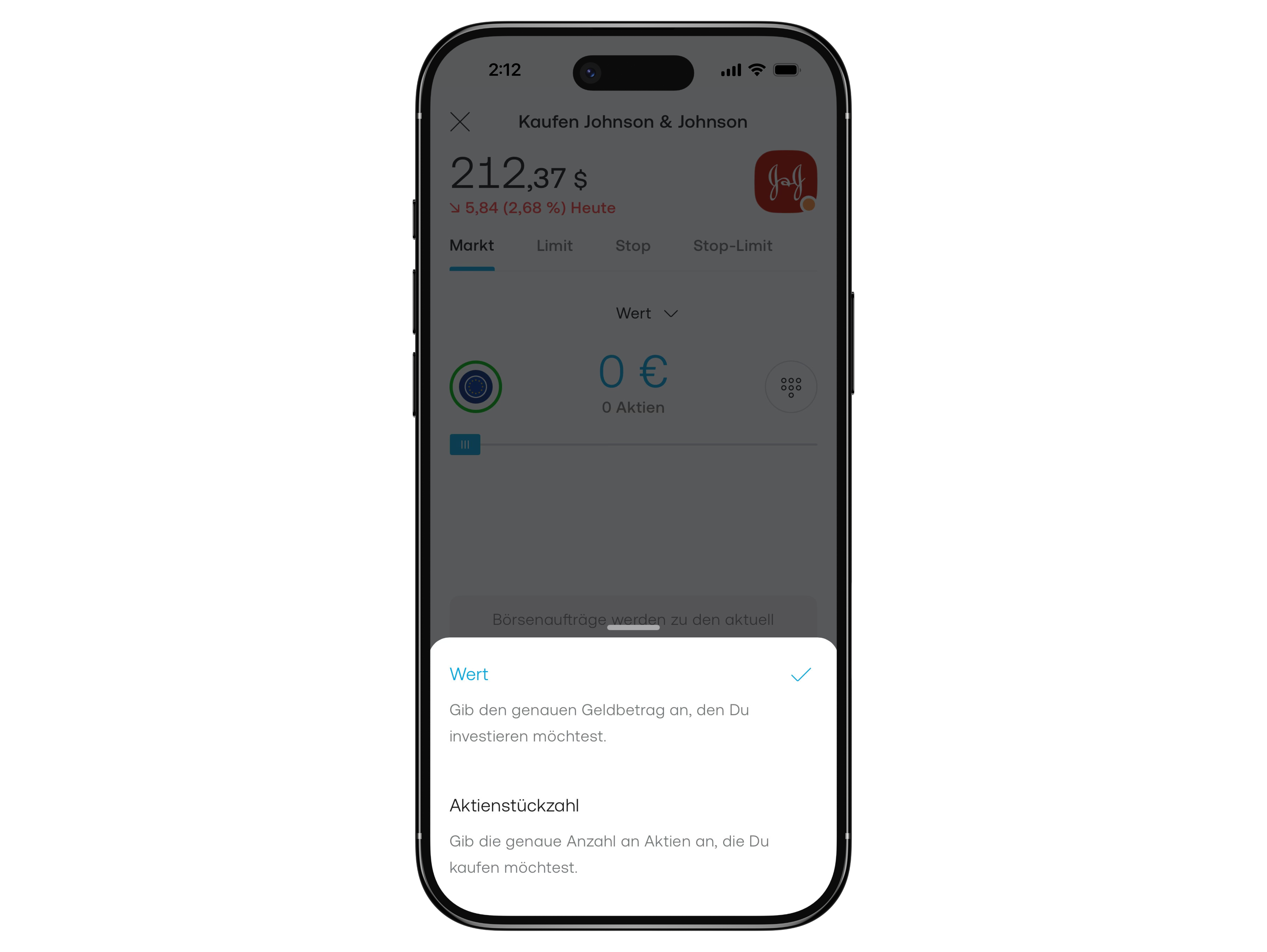 Mobile Trading-App mit Kaufmaske für Johnson & Johnson Aktien – Auswahl zwischen Investitionsbetrag (Wert) und Aktienstückzahl in der Ordermaske auf dem Smartphone.