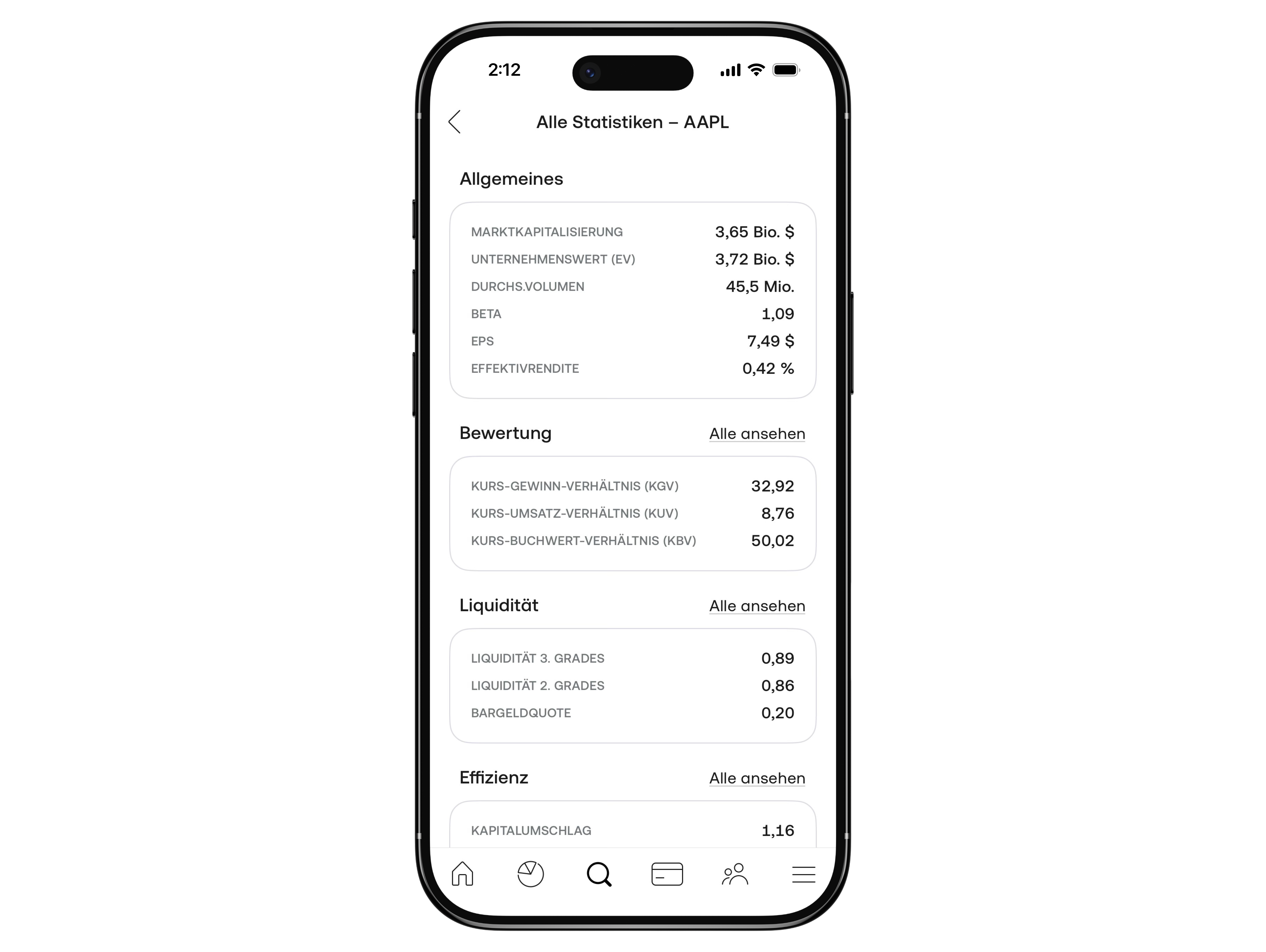 iPhone-Screenshot einer Trading-App mit detaillierten Aktienkennzahlen von Apple (AAPL), inklusive Marktkapitalisierung, KGV, KUV, Liquiditätskennzahlen und Bewertungsmetriken in deutscher Sprache.
