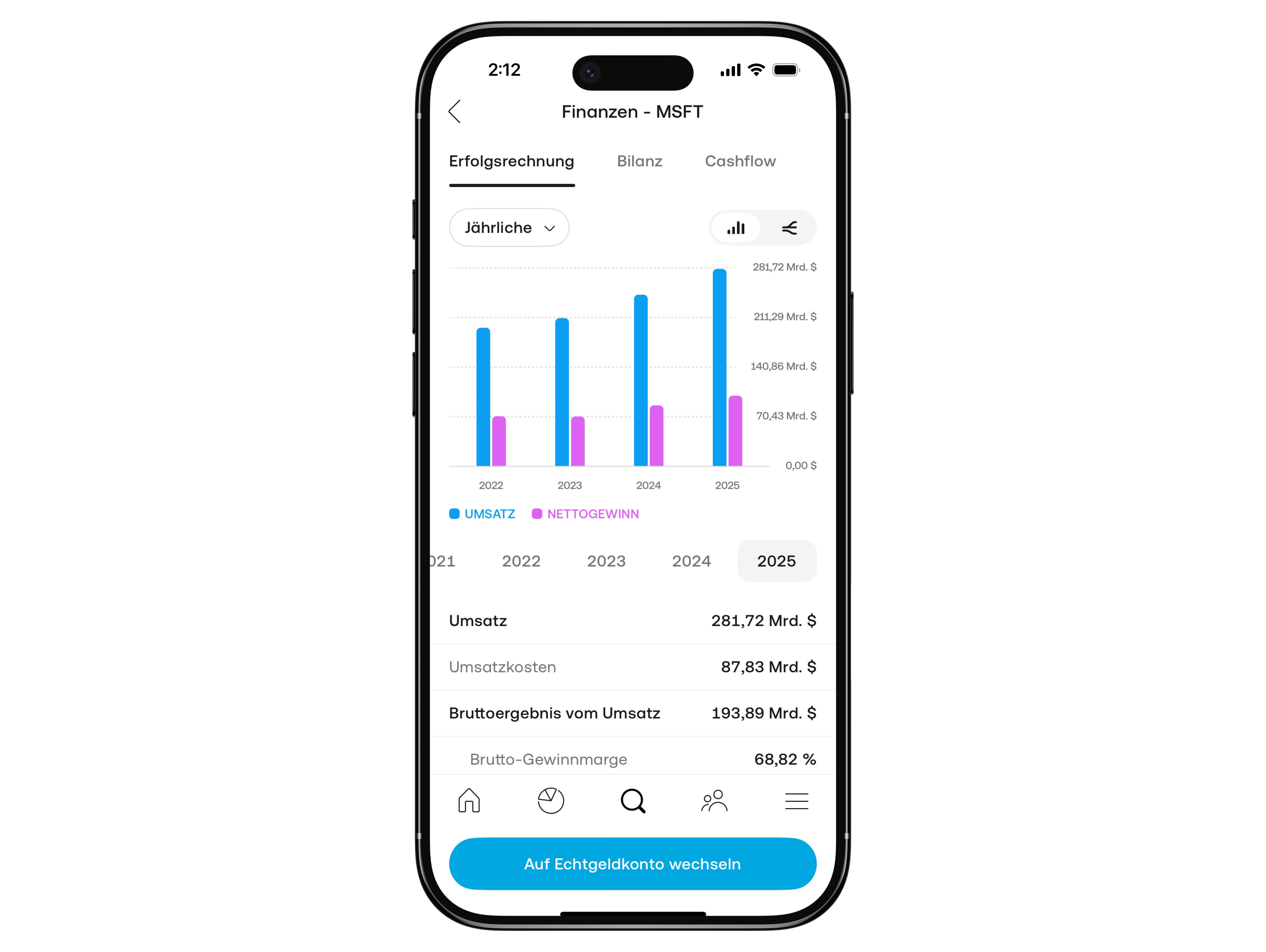 Smartphone-Ansicht der Trading-App mit Finanzdaten von Microsoft (MSFT): Erfolgsrechnung mit Jahresumsatz und Nettogewinn 2022–2025, Balkendiagramm sowie Kennzahlen wie Umsatz, Umsatzkosten und Bruttomarge.