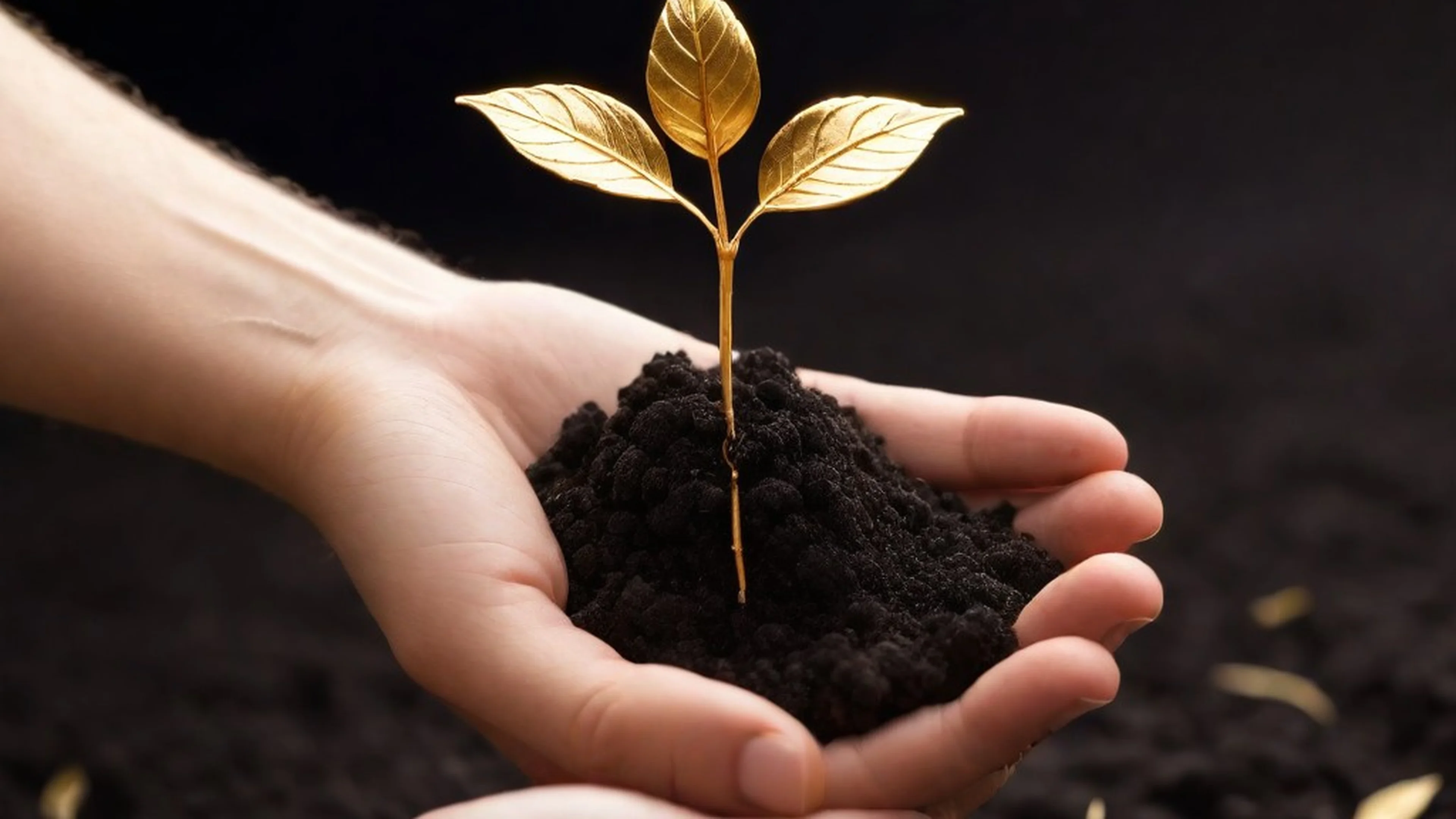 Hand holding soil with golden seedling.