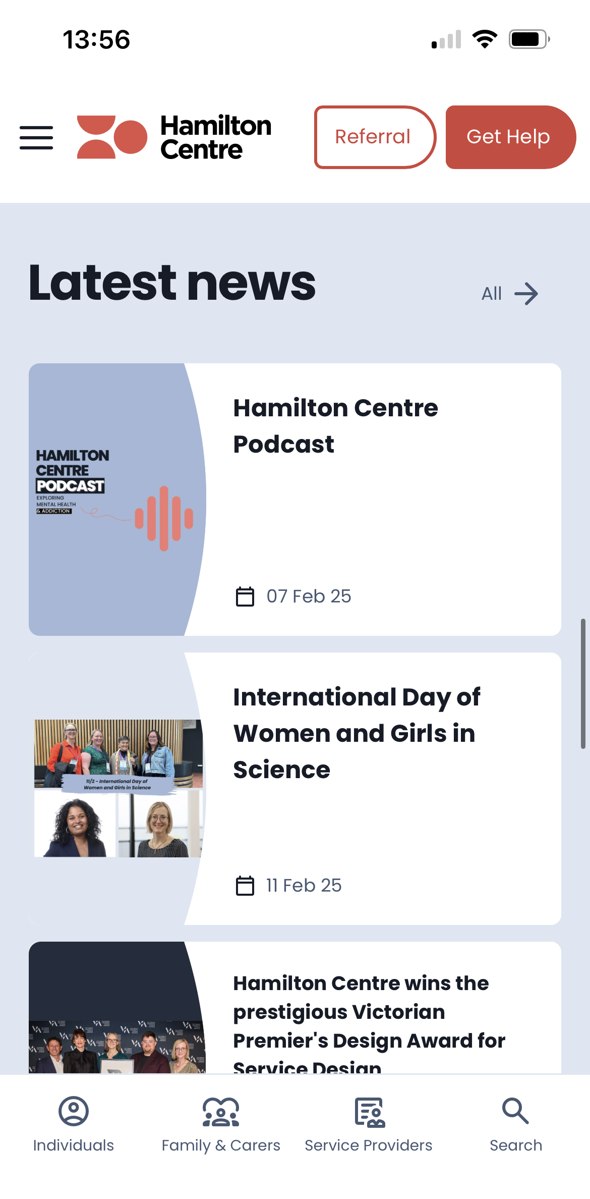 Latest News - Hamilton Centre website, shown on a mobile device