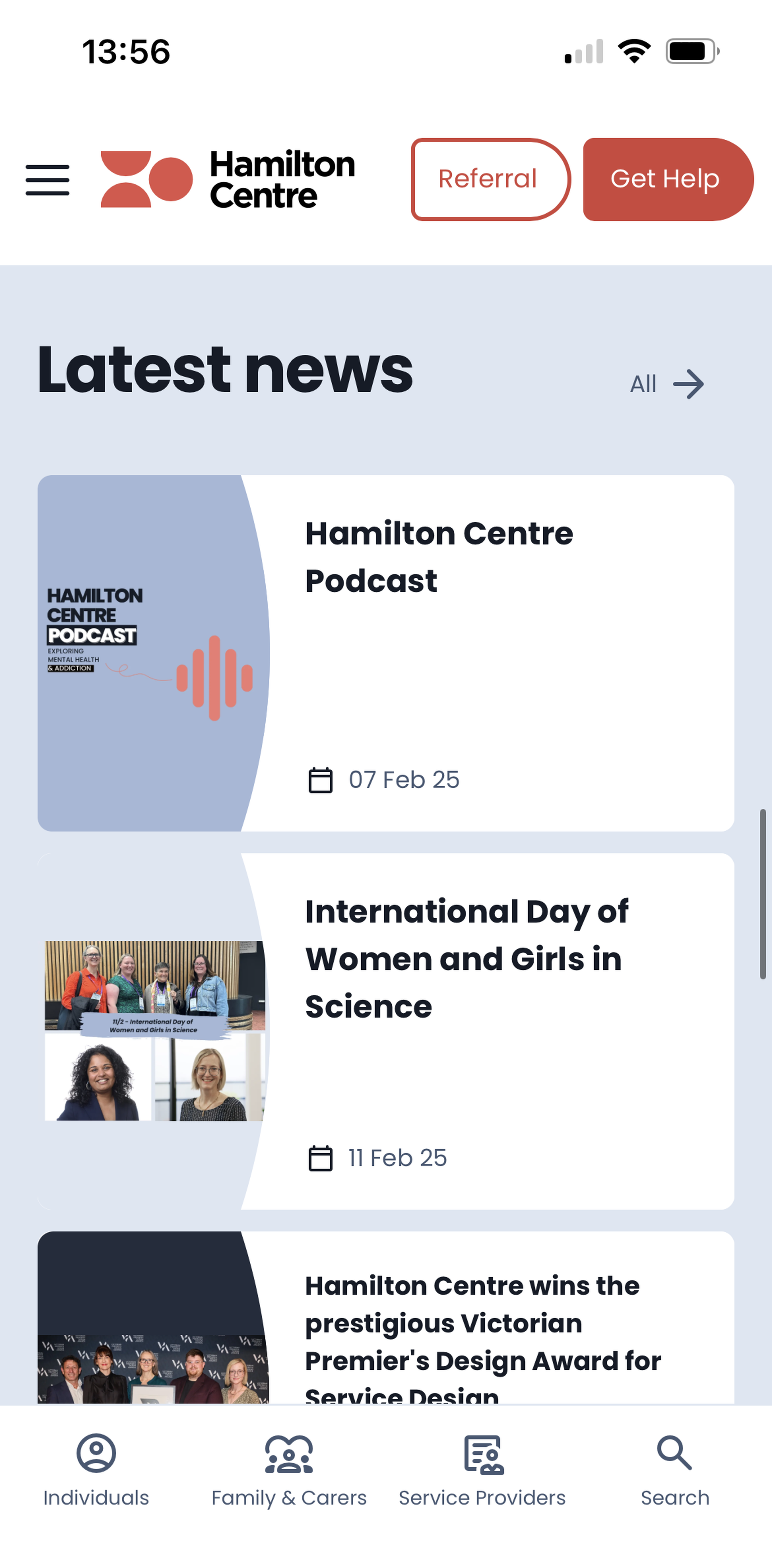 Latest News - Hamilton Centre website, shown on a mobile device