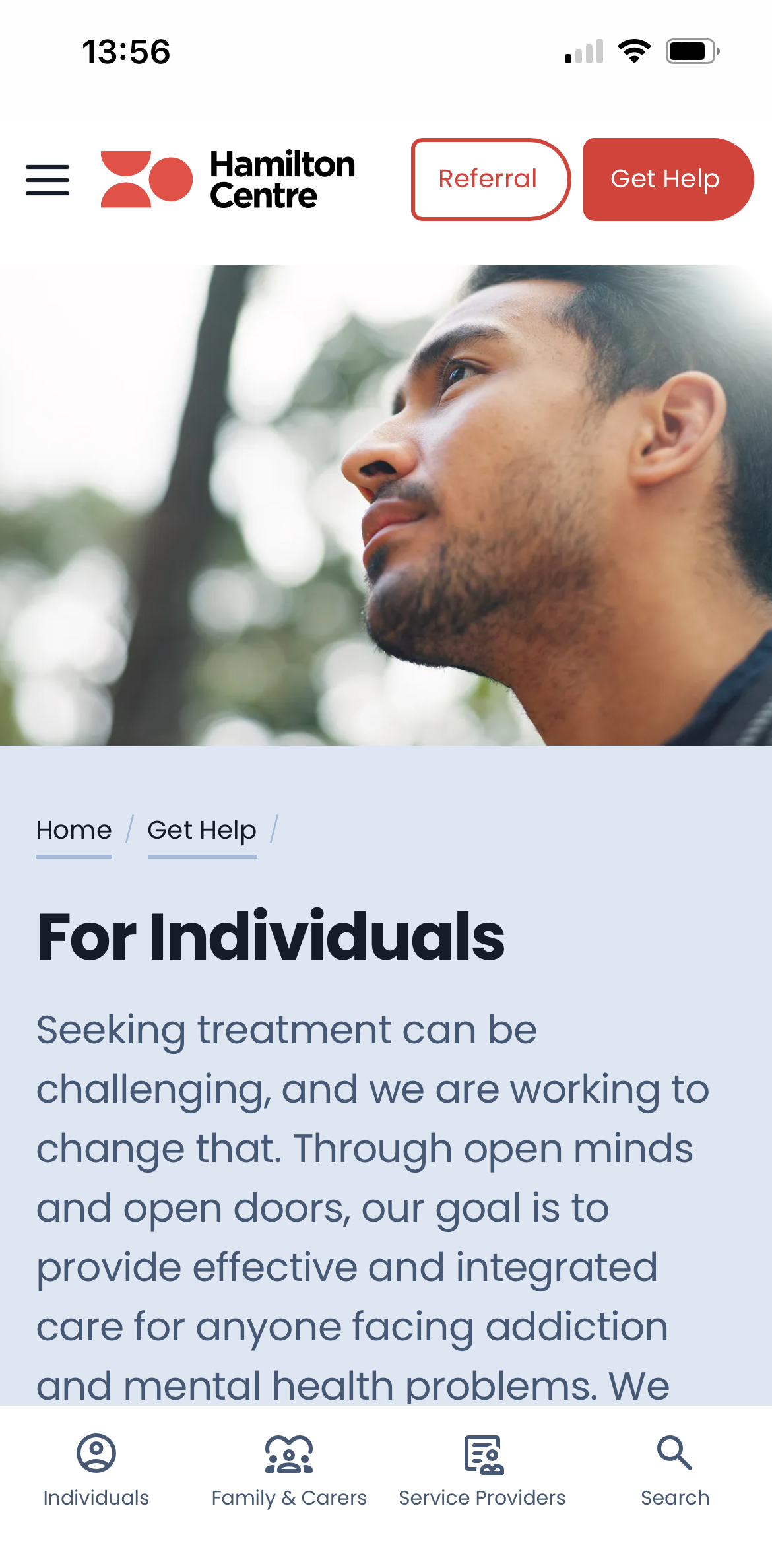 Content page for Individuals  - Hamilton Centre website, shown on a mobile device
