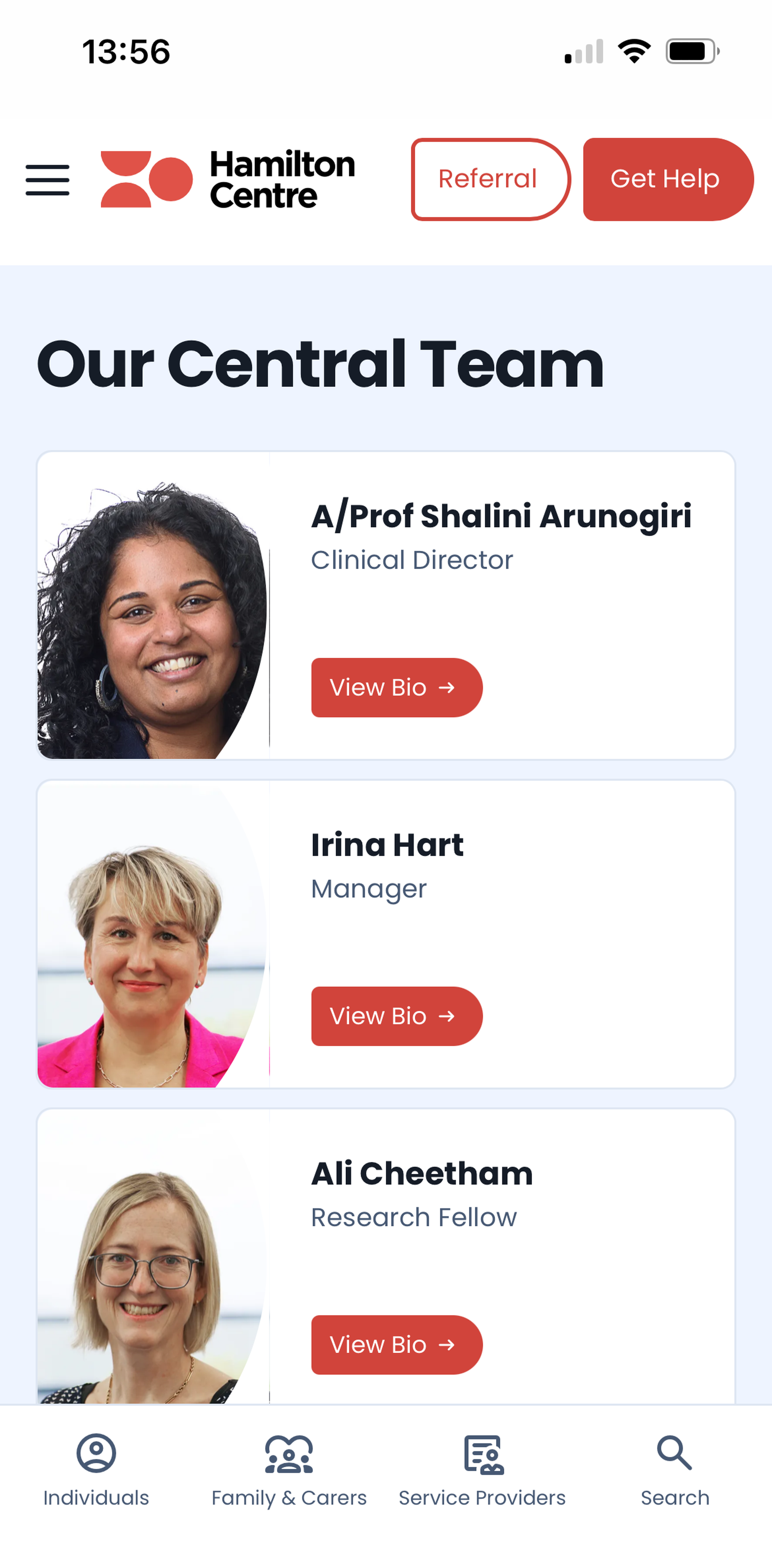 Central Team - Hamilton Centre website, shown on a mobile device