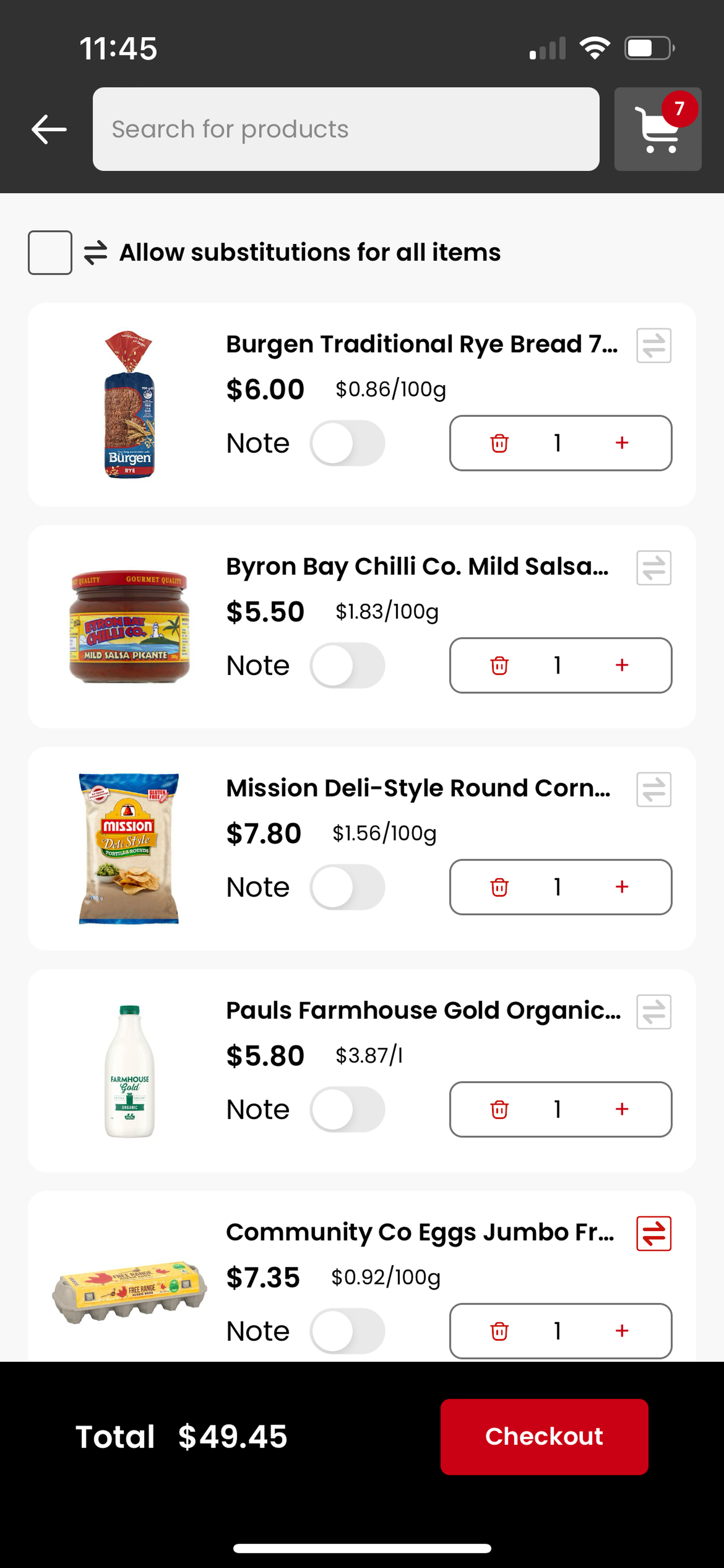 A list of grocery items in the IGA App shopping cart, prior to checkout