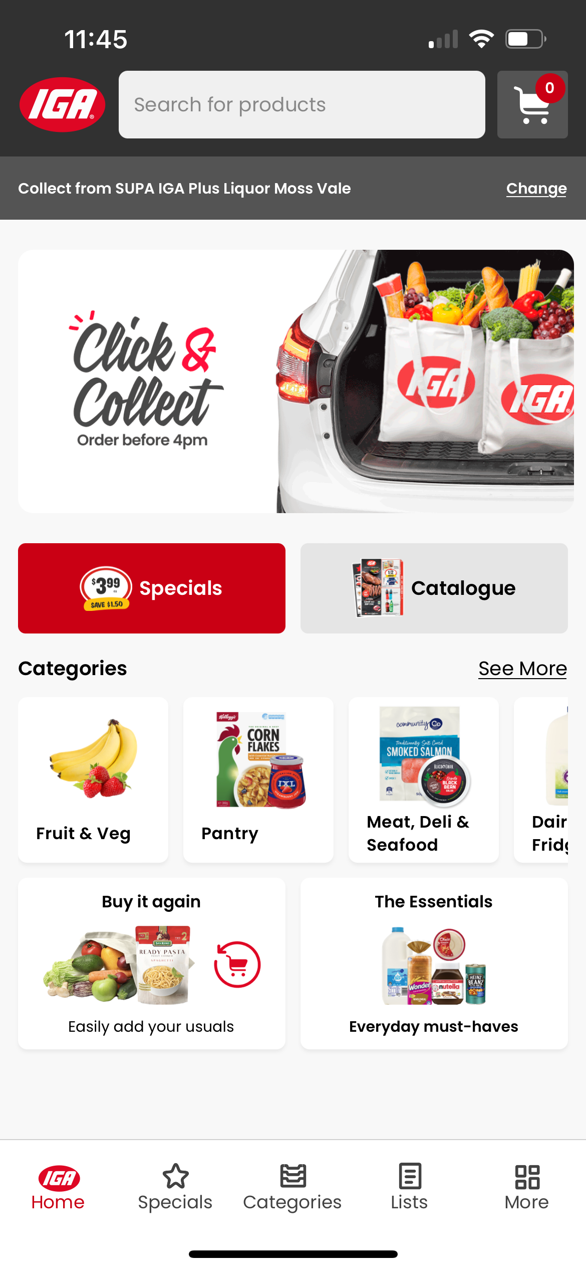 The home page of the IGA App, showing special offers, deals and grocery items.
