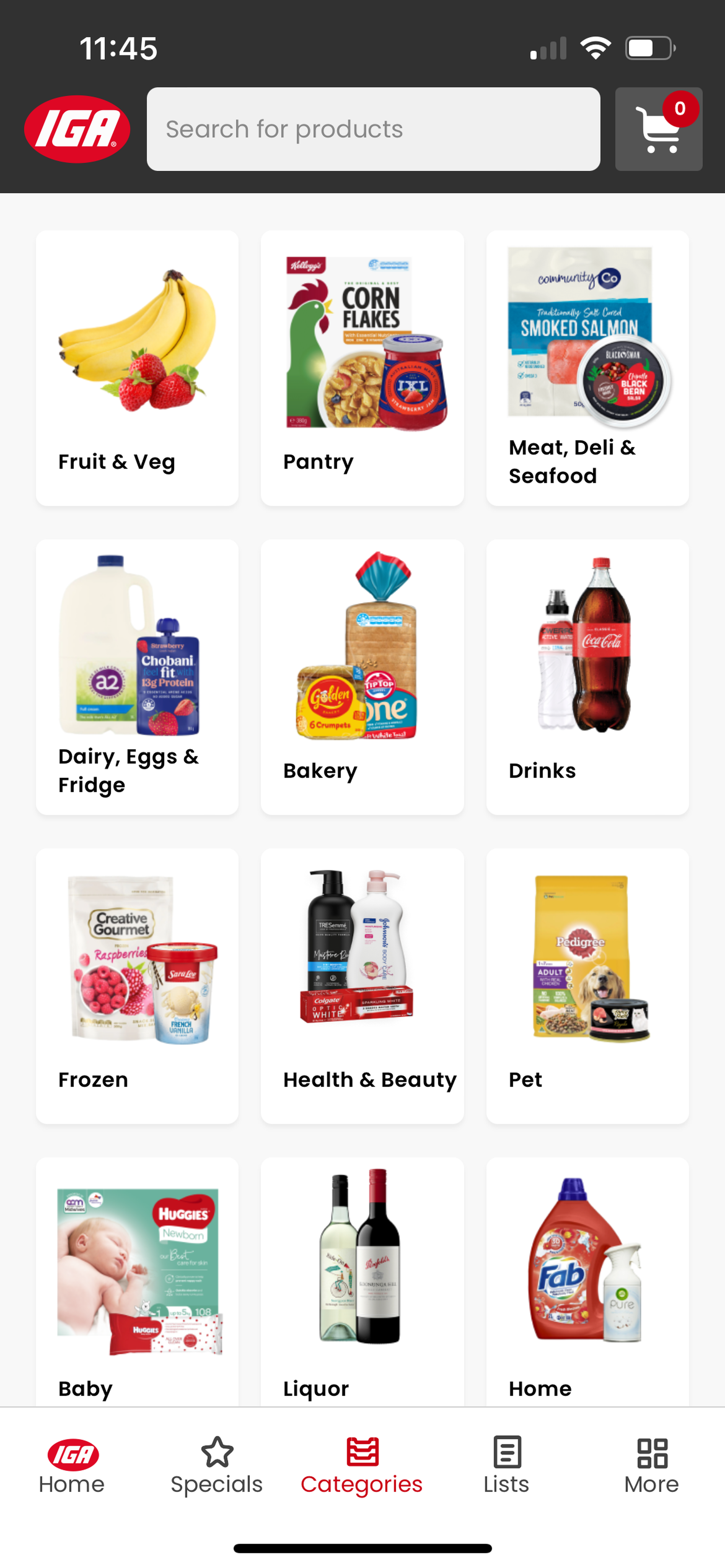 A list of grocery categories showing images and labels for each.