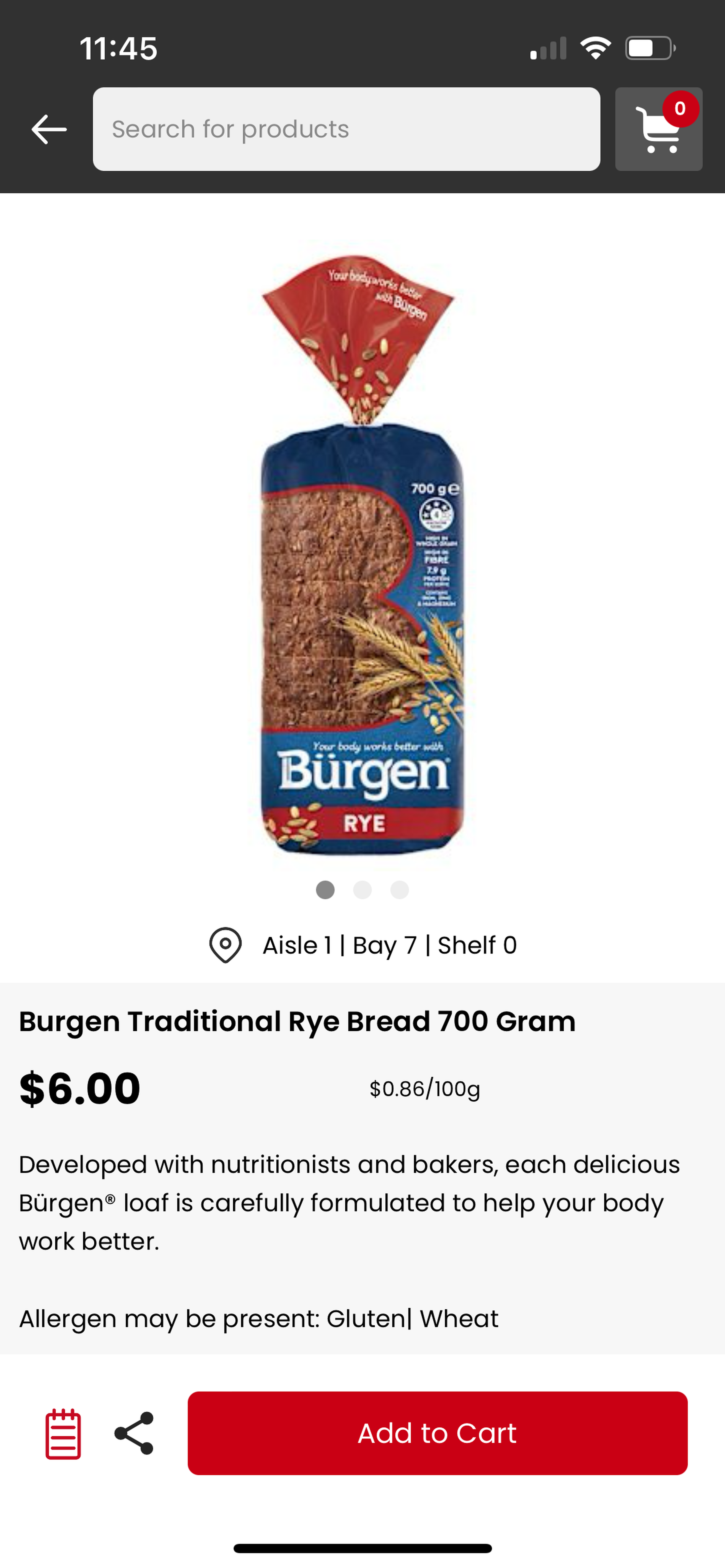 Details of a product in the IGA App - in this case showing Bürgen brand Rye bread.