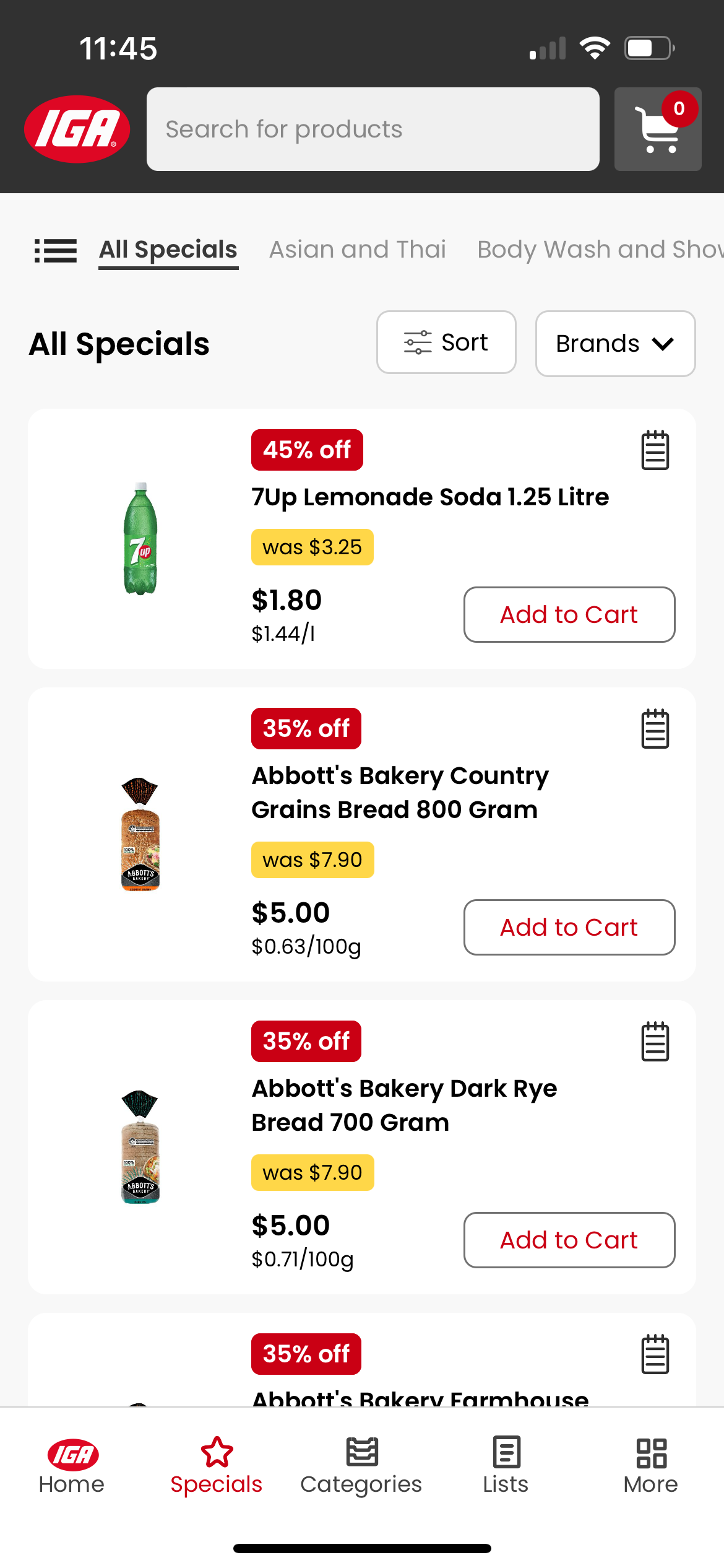 IGA App list view of items that are on special offer, including 45% off 7Up Lemondade.