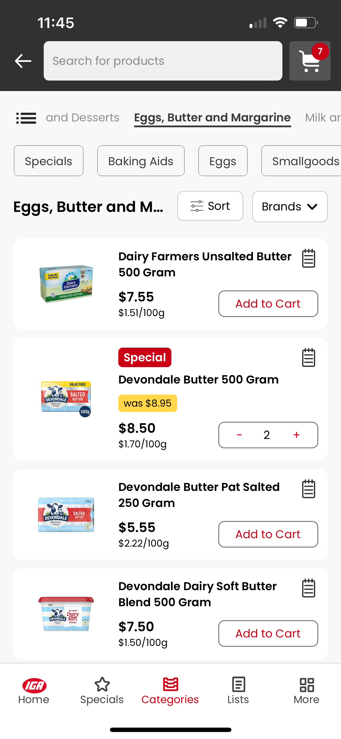A sub-category view showing chilled products that are categorised as Eggs, Butter or Margarine.