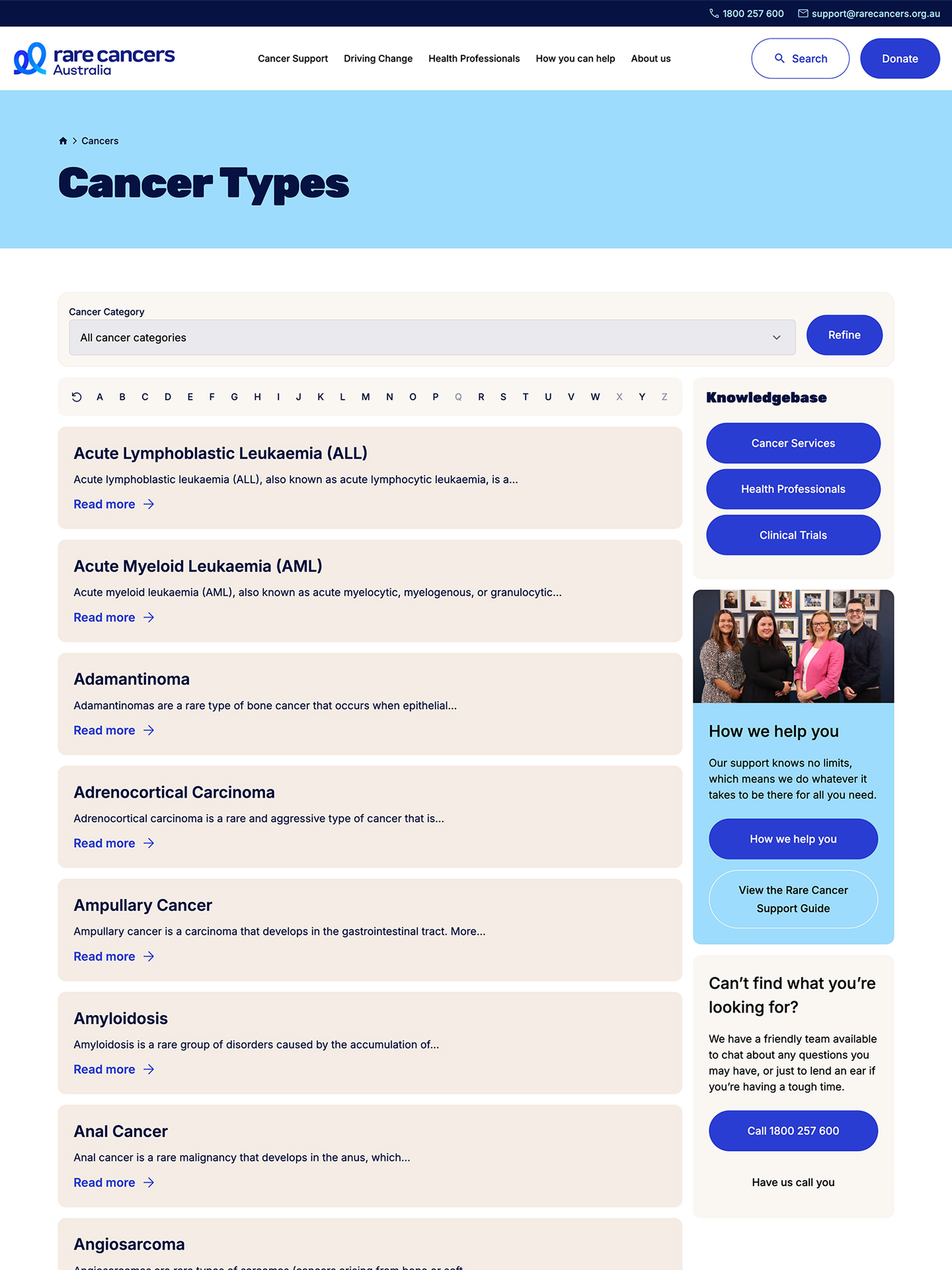 Rare Cancers Knowledgebase shown at desktop device size