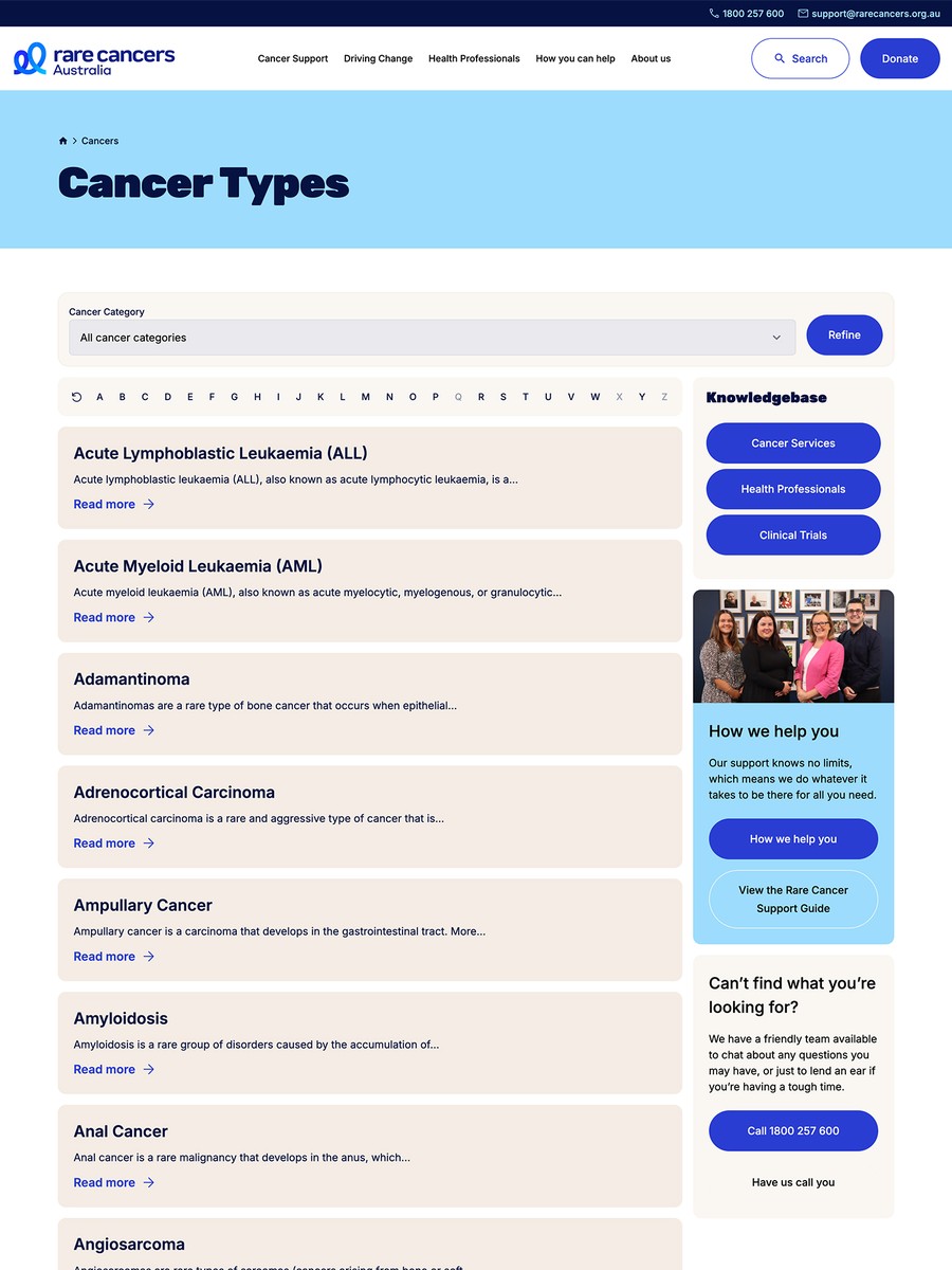 Rare Cancers Knowledgebase shown at desktop device size