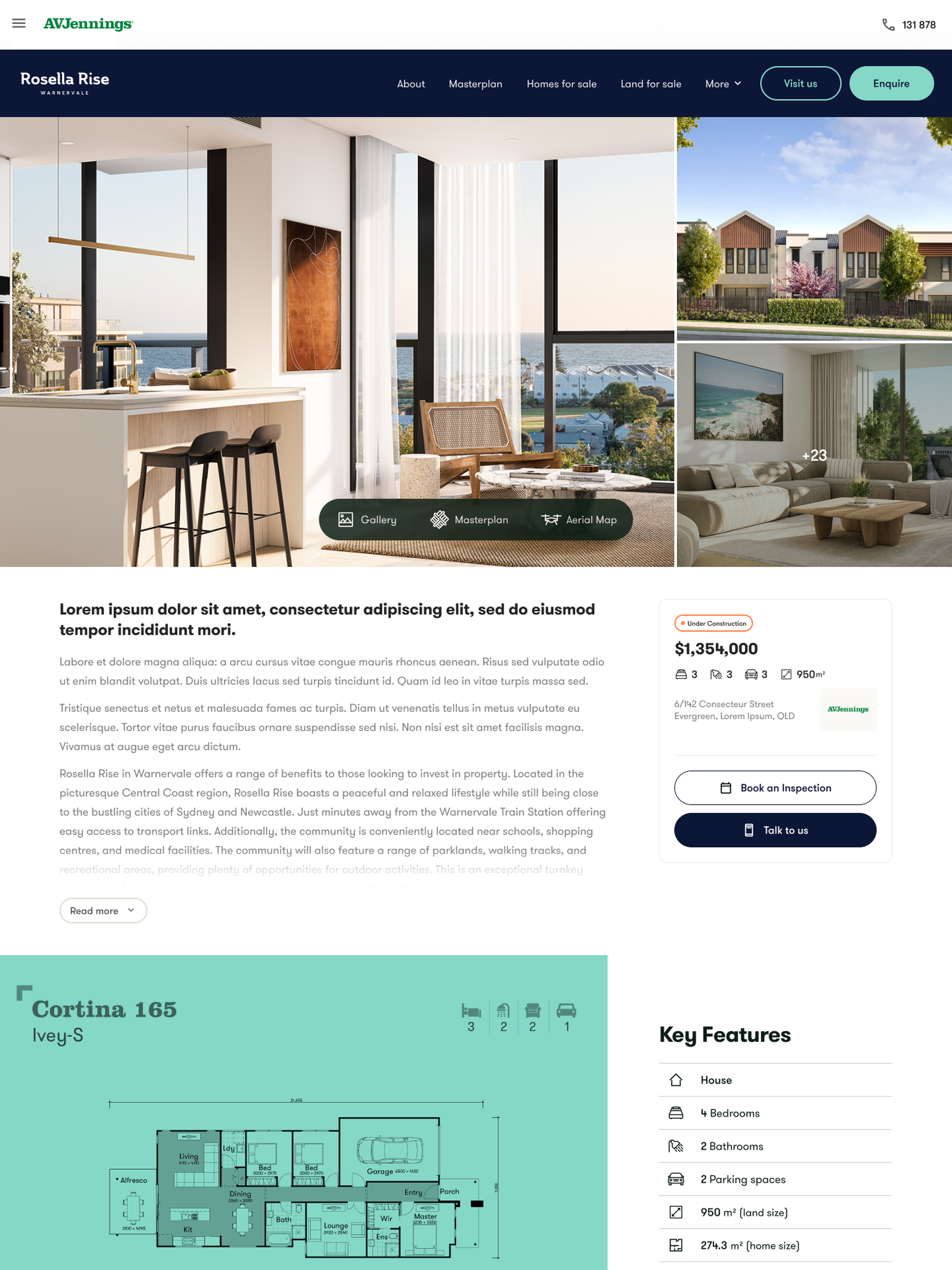 A property listing view within an AVJennings Community, giving access to price, booking inspection, gallery, floorplan and other details.