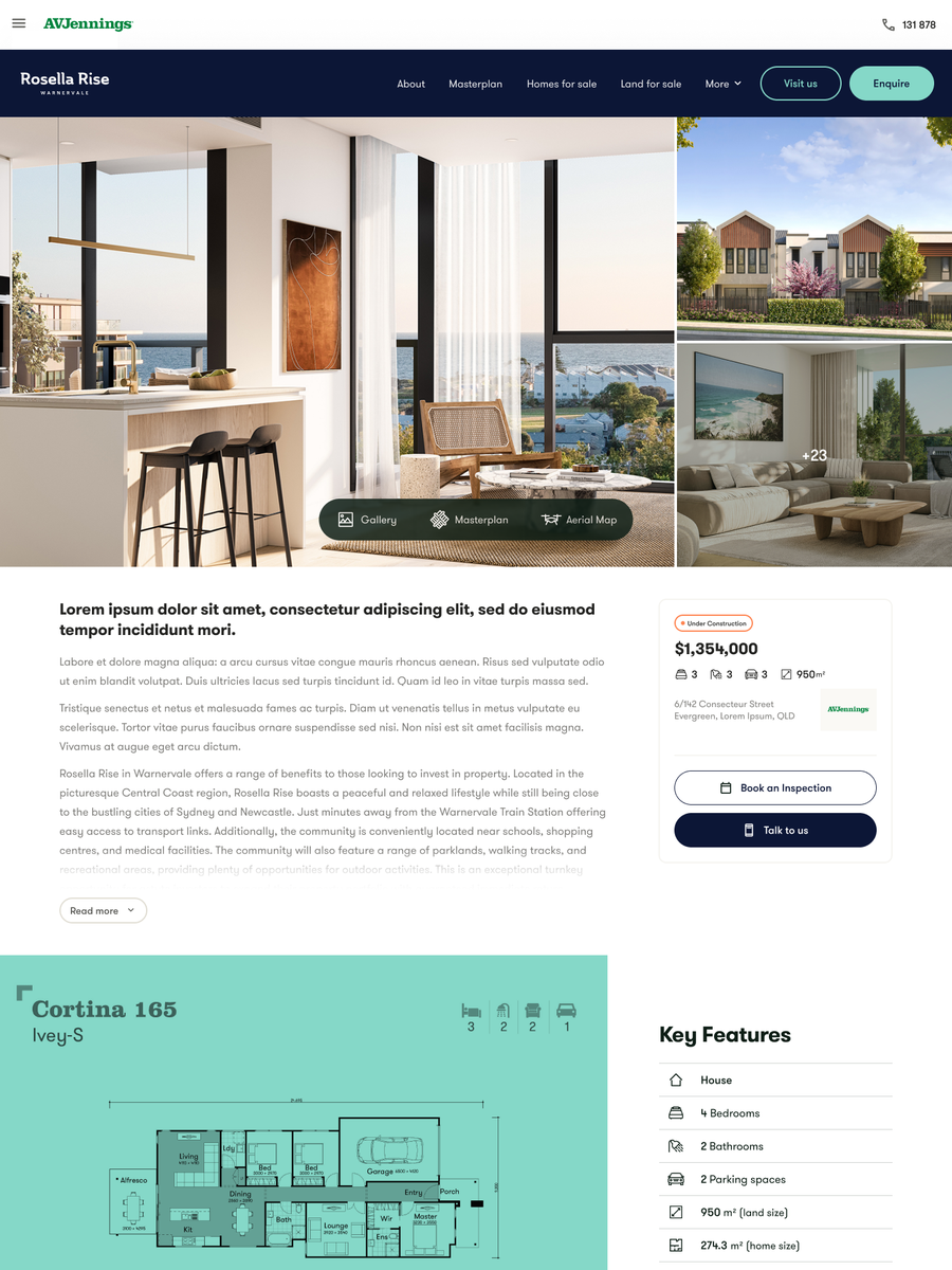 A property listing view within an AVJennings Community, giving access to price, booking inspection, gallery, floorplan and other details.