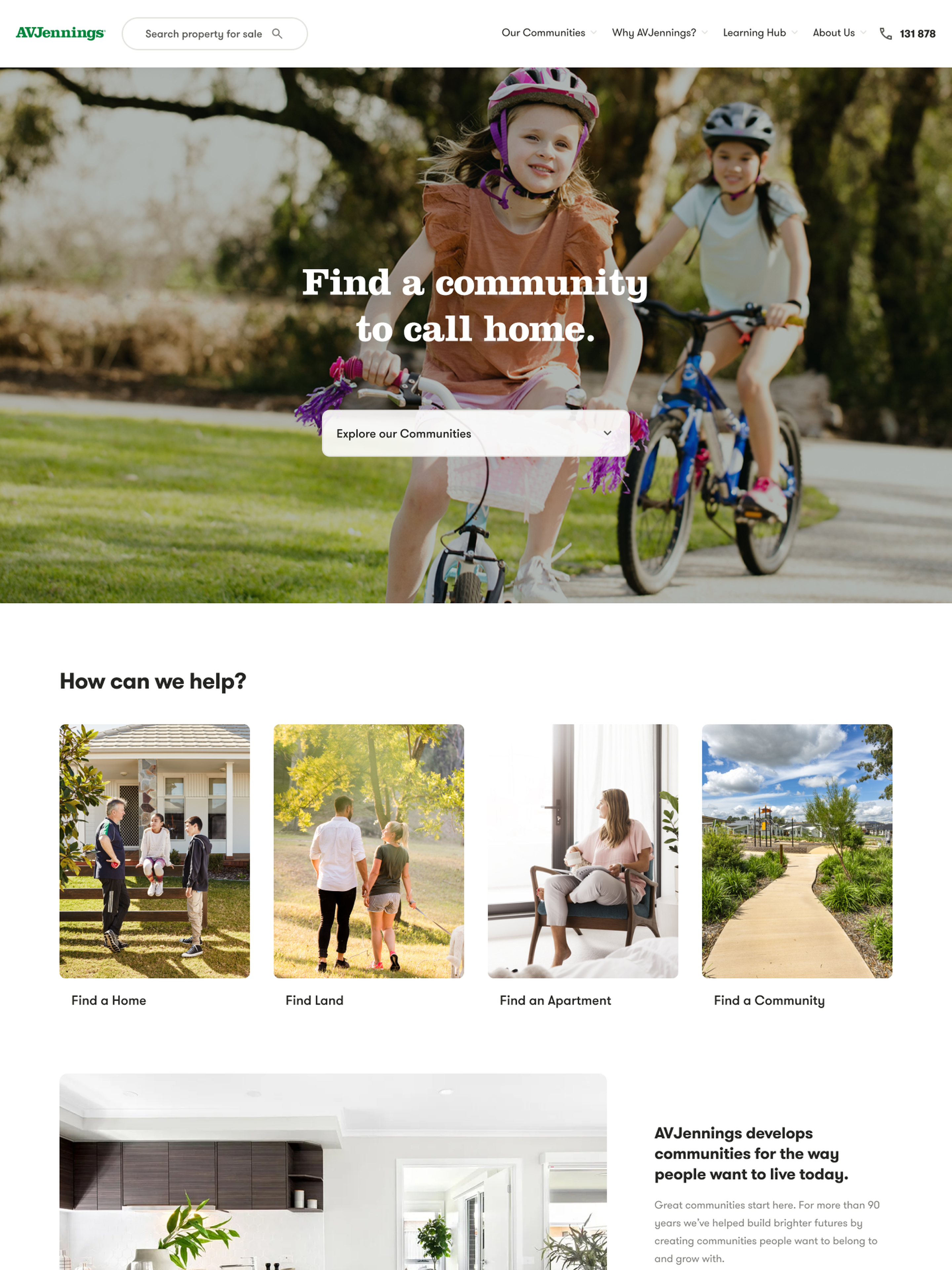 Desktop version of the home screen view showing navigation, help, search, and prompting the user to explore AVJennings Communities.