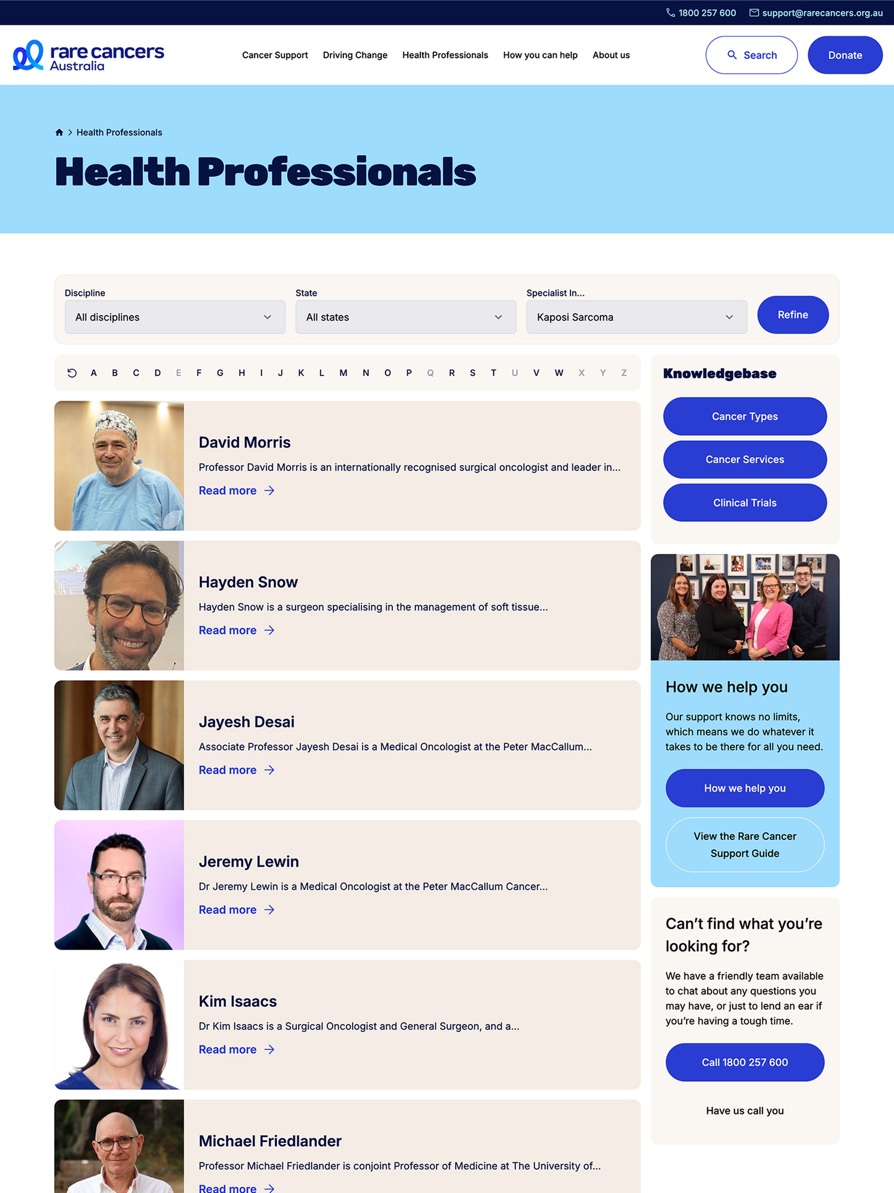 Rare Cancers List of Health Professionals shown at desktop device size