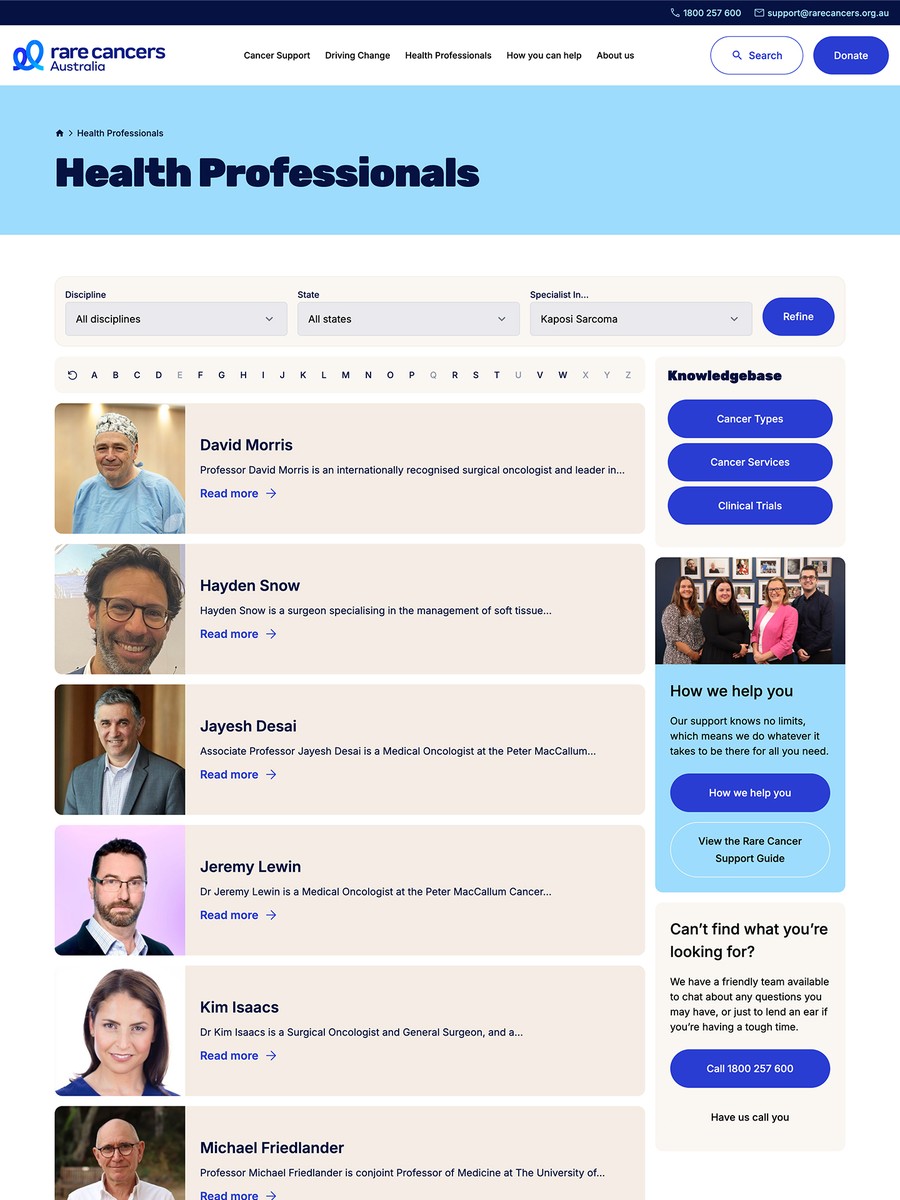 Rare Cancers List of Health Professionals shown at desktop device size