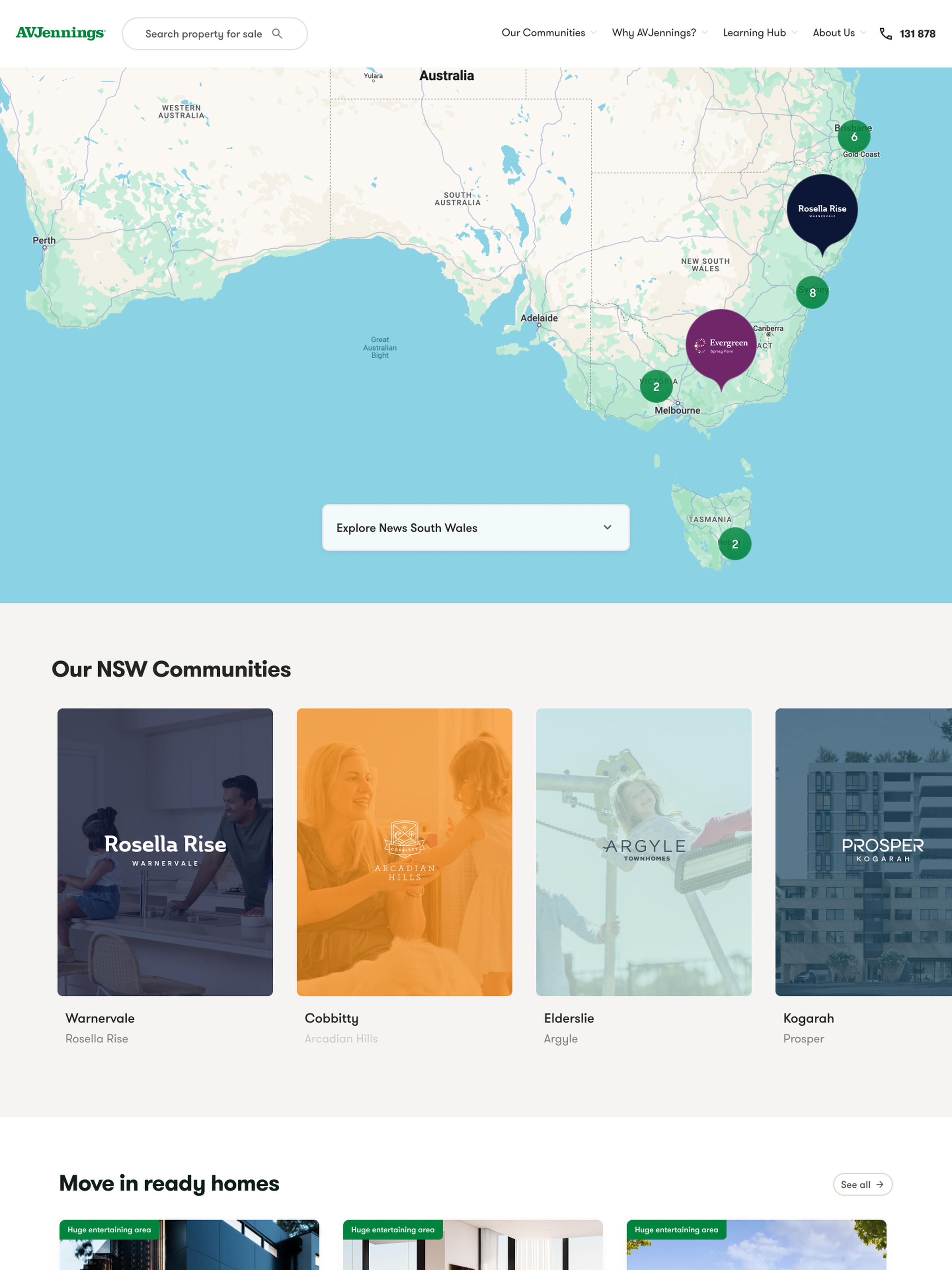 A map and listing view allowing users to find an AVJennings Community in their Australian state.