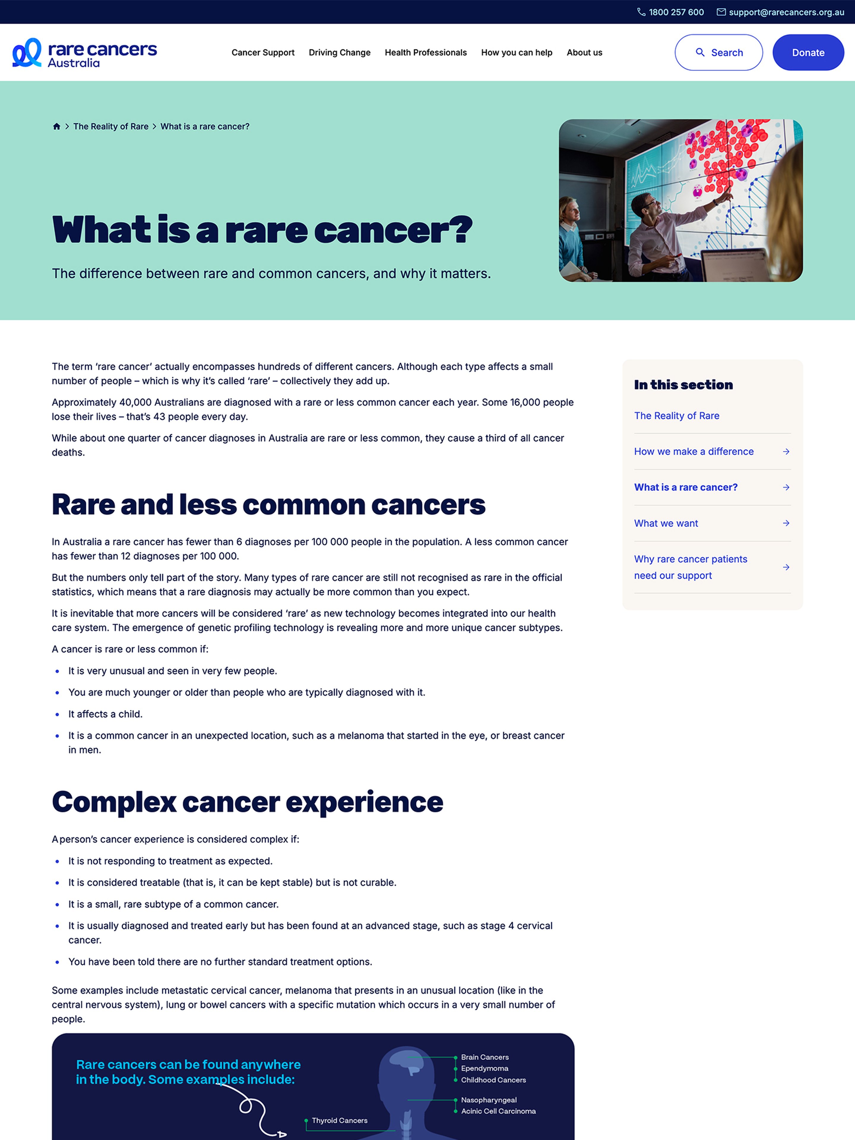 Rare Cancers general content page shown at desktop device size