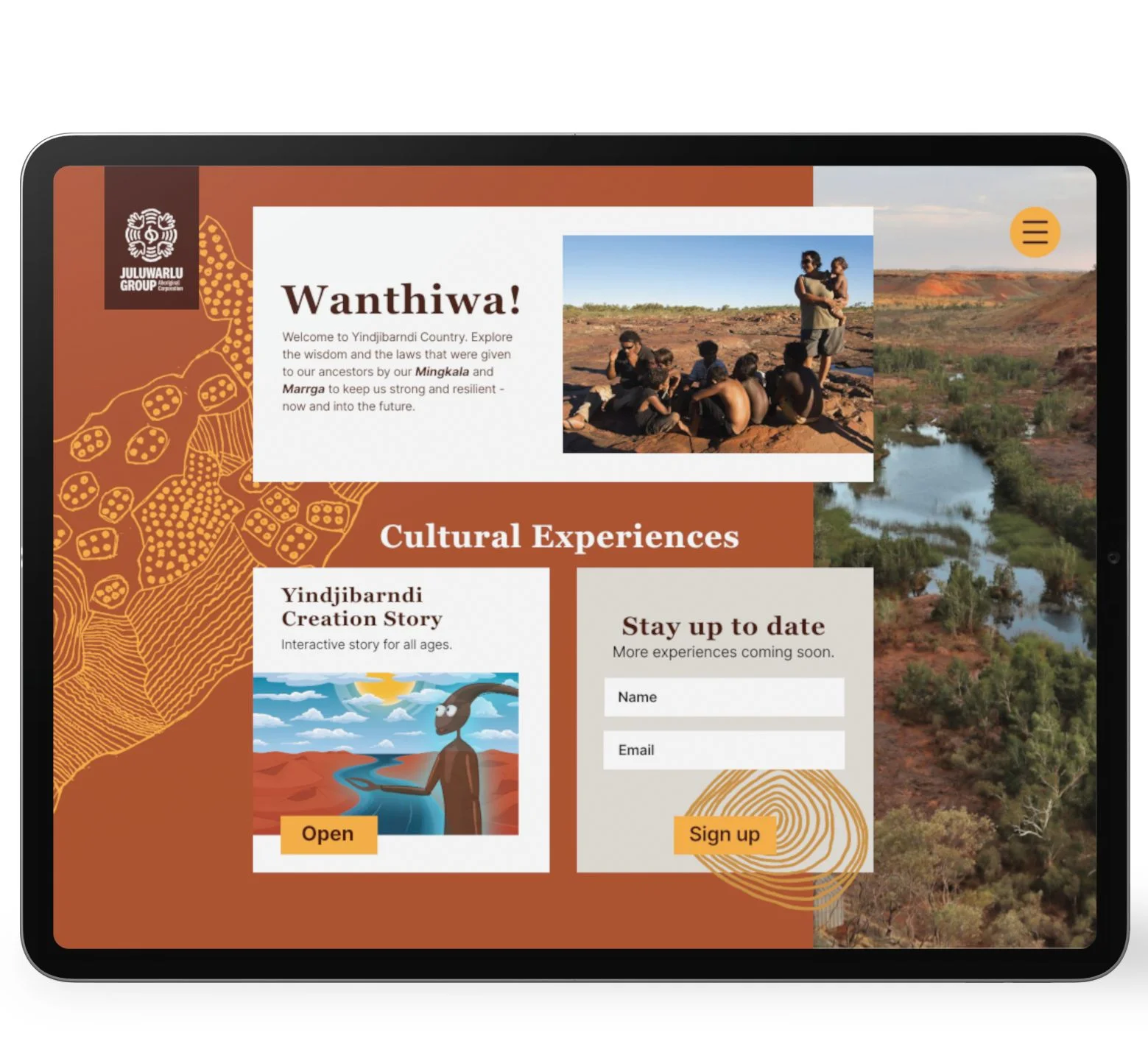 Snapshot of the Wanthiwa app showing interactive features and illustrated animations that showcase Yindjibarndi culture and language. The app is recognised with a TechDiversity Merit Award for its role in cultural preservation