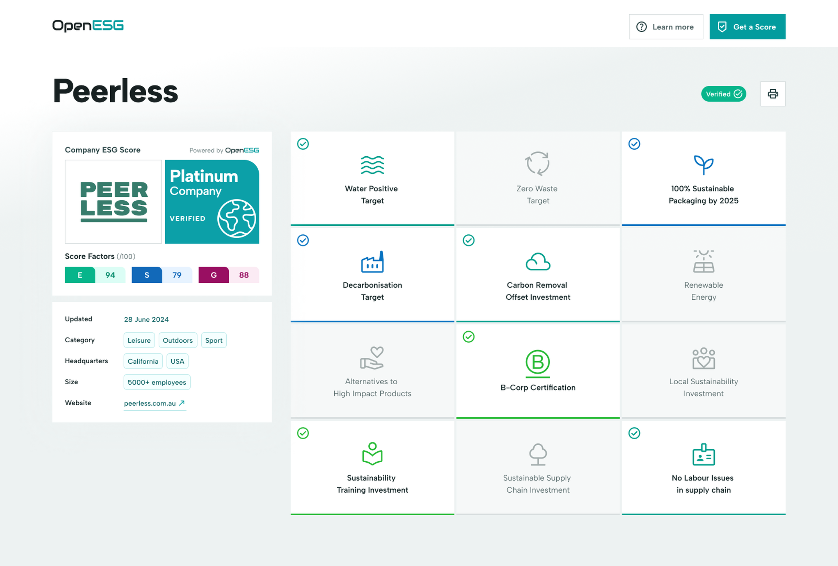 Consumer facing results view of OpenESG app, showing the various metrics and overall ESG score of that company