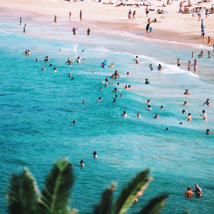 People swim in the bright blue surf at a beautiful beach