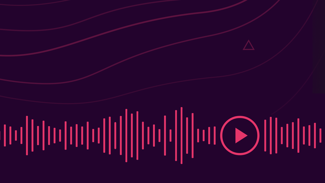 Abstract audio waveform design with pink lines on a dark background, featuring a play button icon in the center.