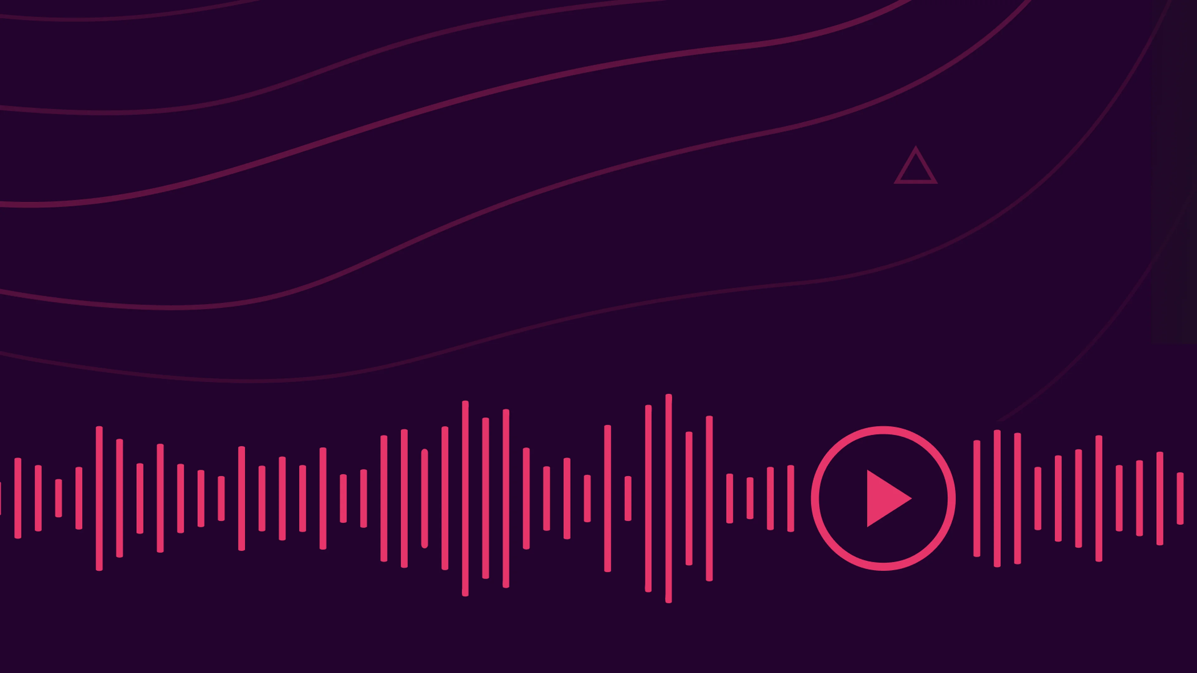 Abstract audio waveform design with pink lines on a dark background, featuring a play button icon in the center.