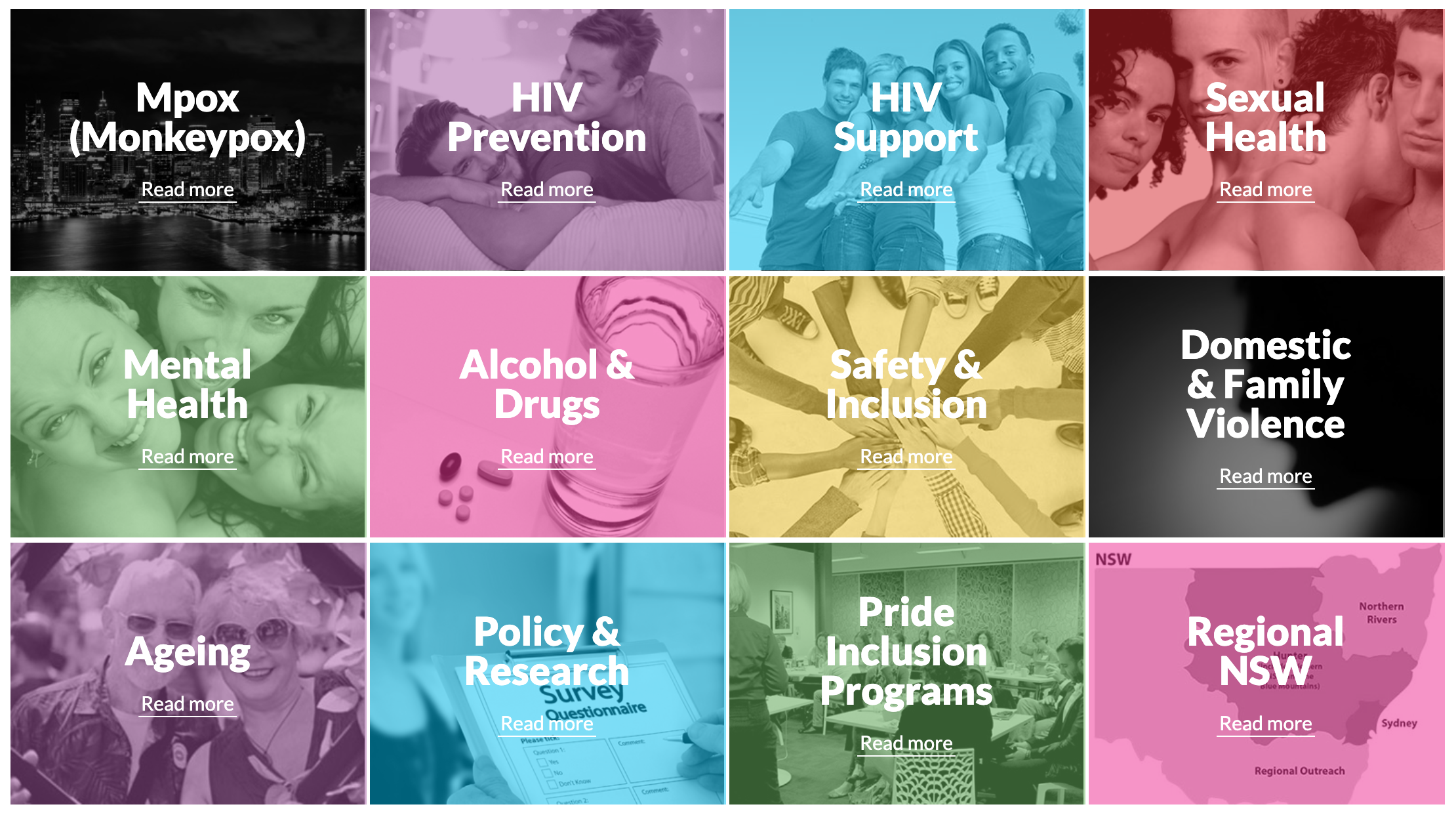 Block of coloured squares with graphics of community and ACON services