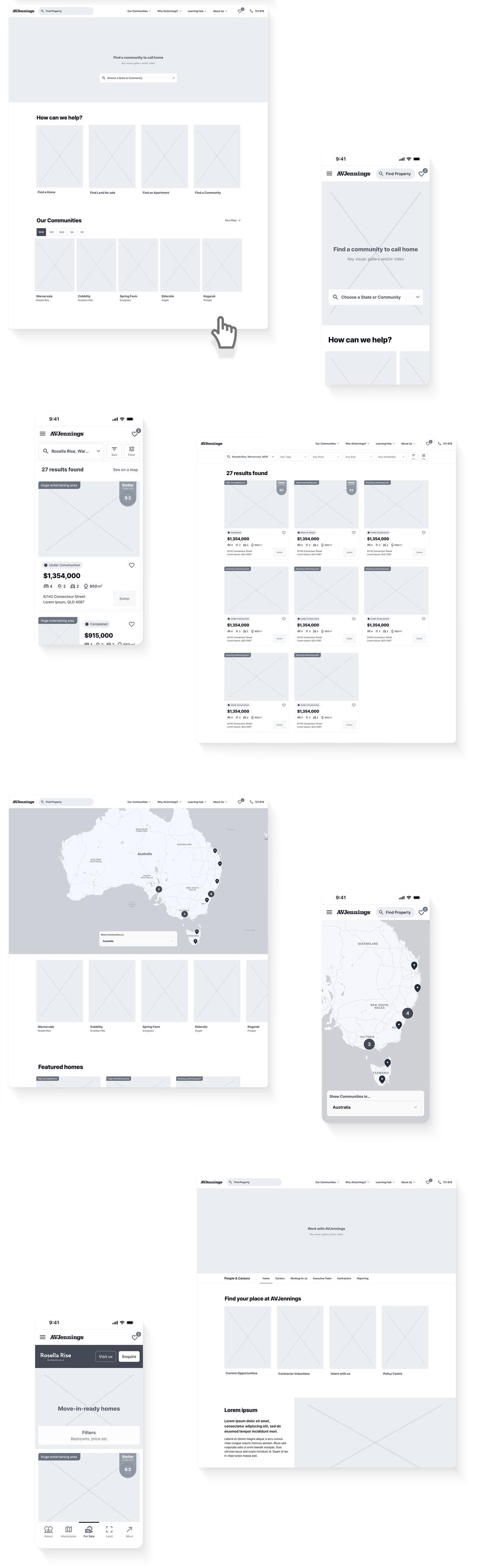 Wireframes created as part of Grade's User Experience work for AVJennings
