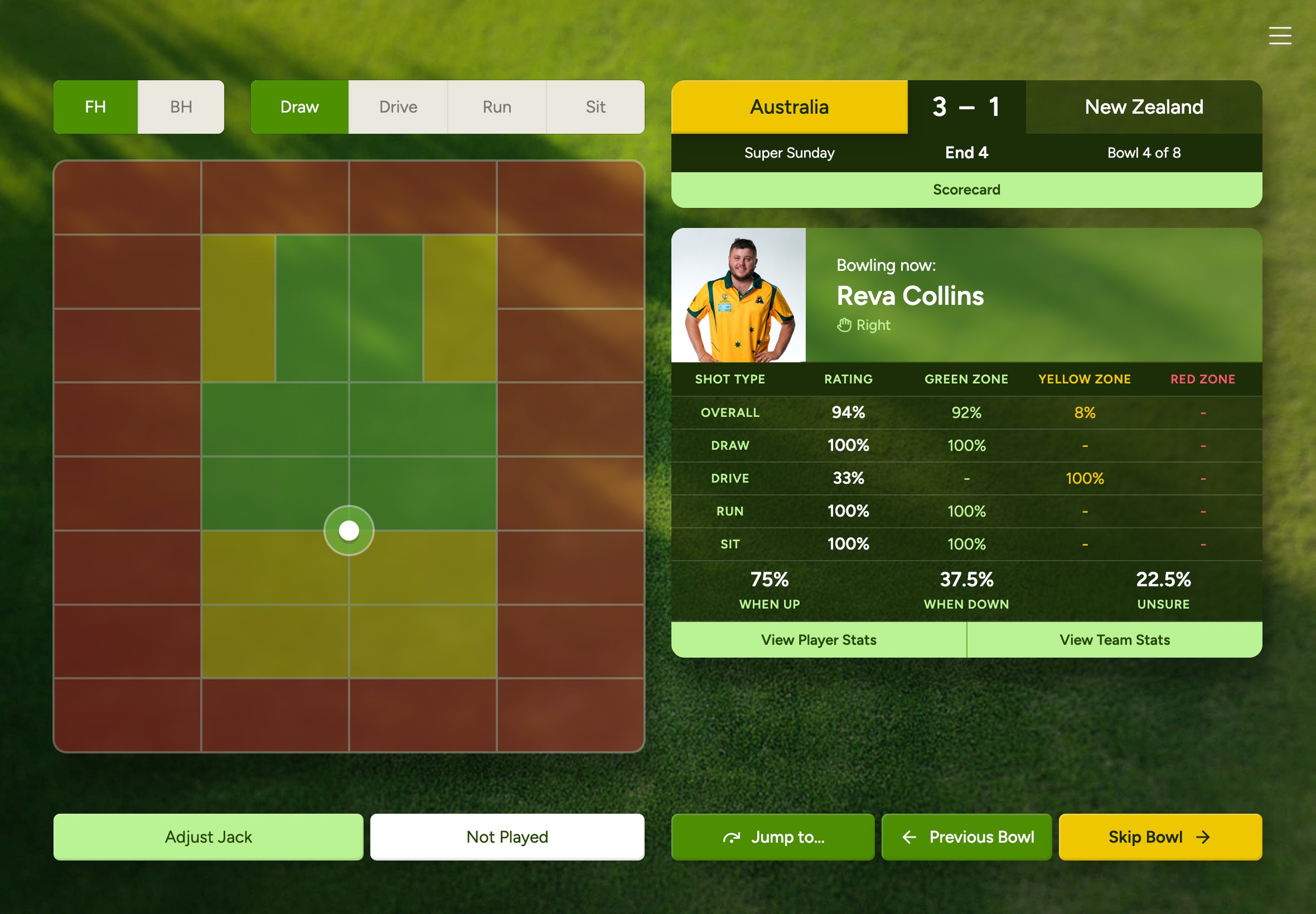 User interface to capture the outcome of a single bowl. The view offers multiple options for the bowl type and hand used, and access to real-time and deeper statistics.