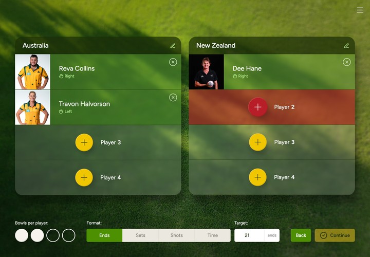 UI to build a team of up to 4 bowlers. Here, the user has added two players to Team 1 and only one to Team 2. The UI is showing that an additional player needs to be added to Team 2.