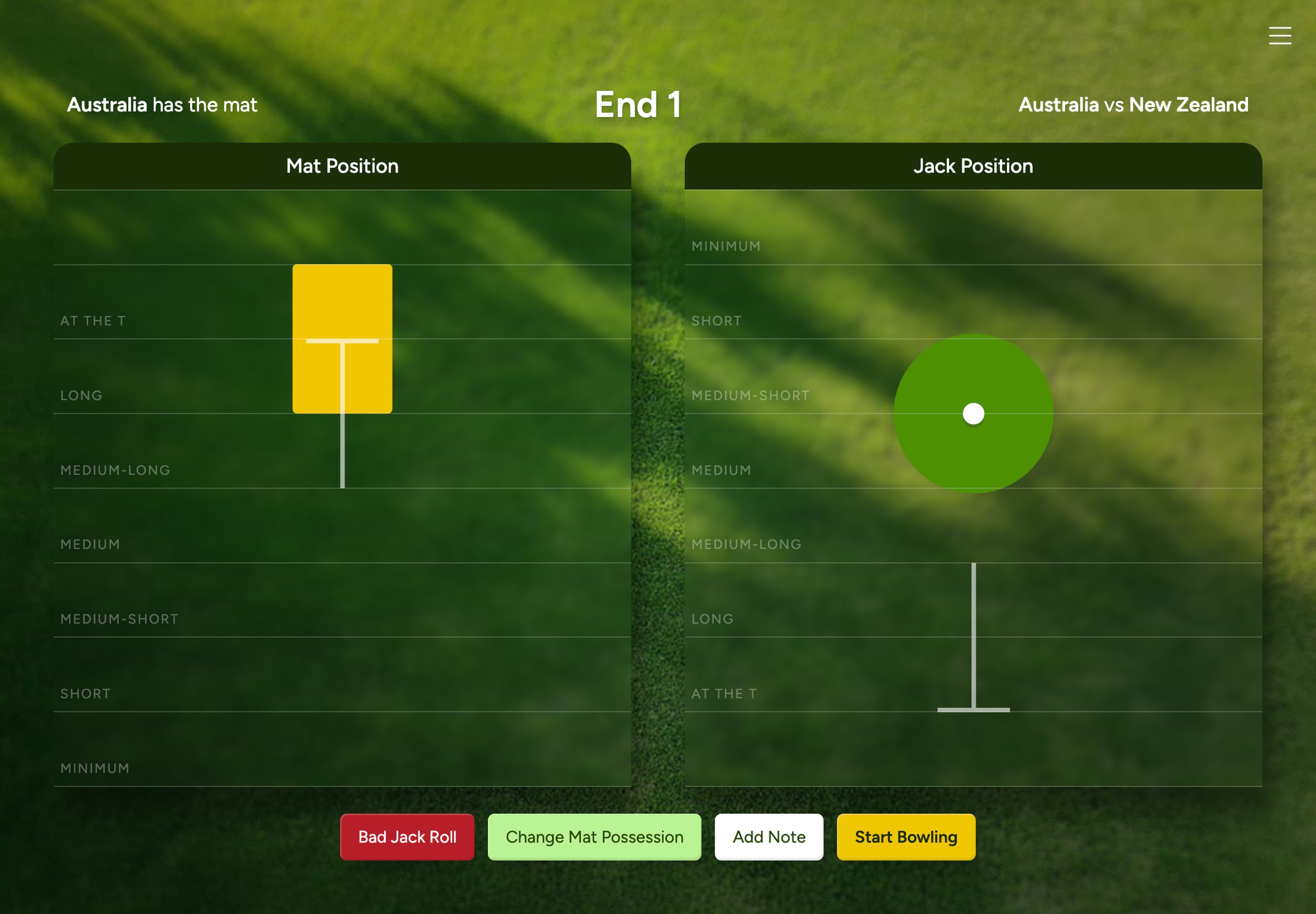 UI allowing the setting of relative positions of the mat (from which players bowl) and the jack (the target the hope to get their bowl close to). This captures data to the back end allowing filtering by overall end length.
