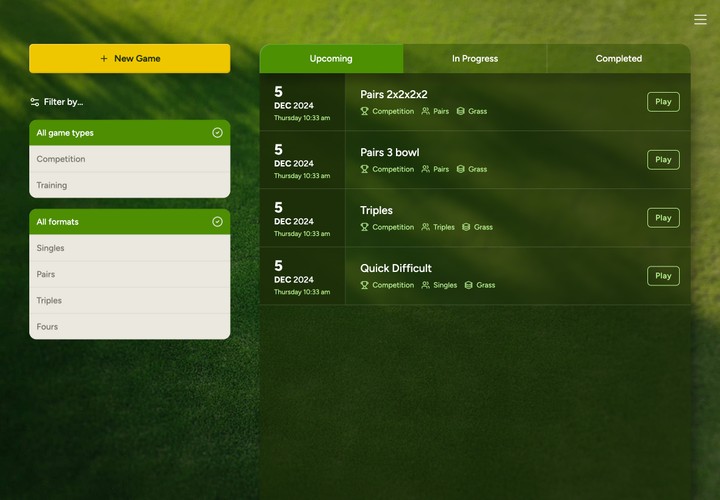A list view showing all upcoming, in progress and completed bowls matches. These can be filtered by various facets, or a new game can be created.
