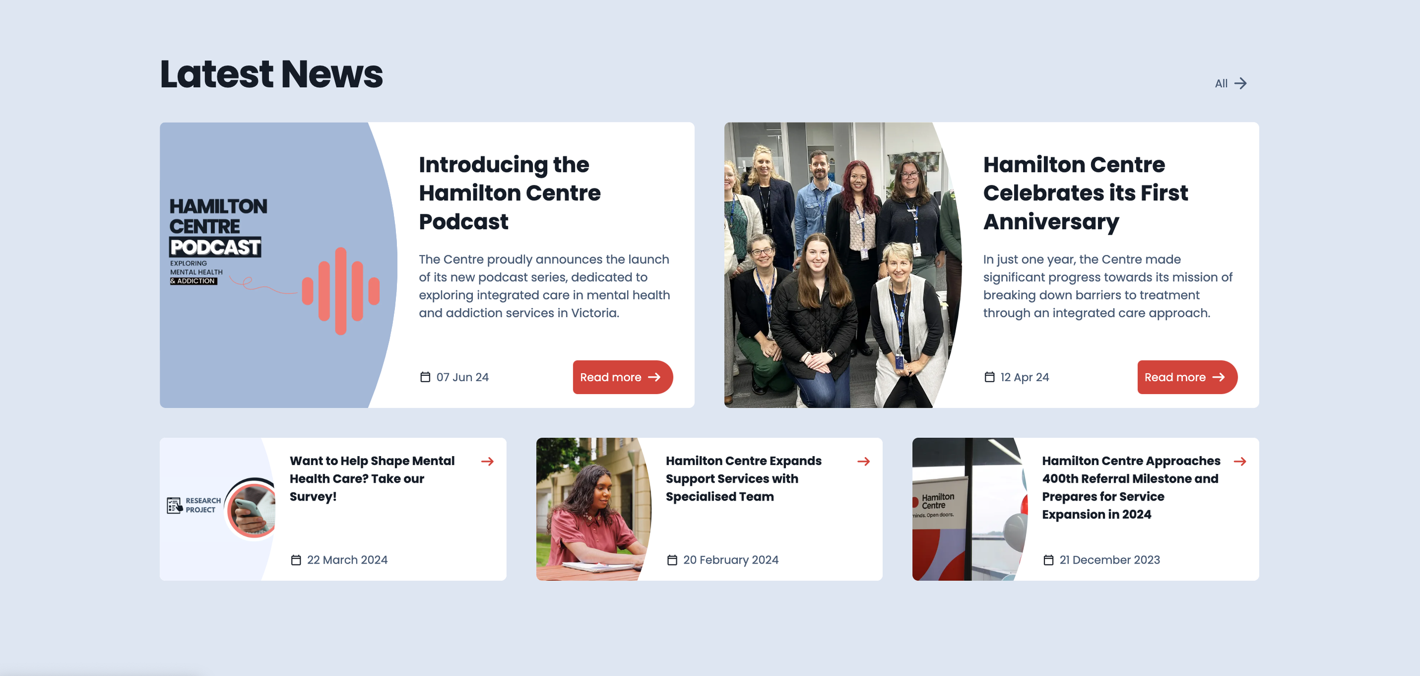 News section of Hamilton centre website for case study