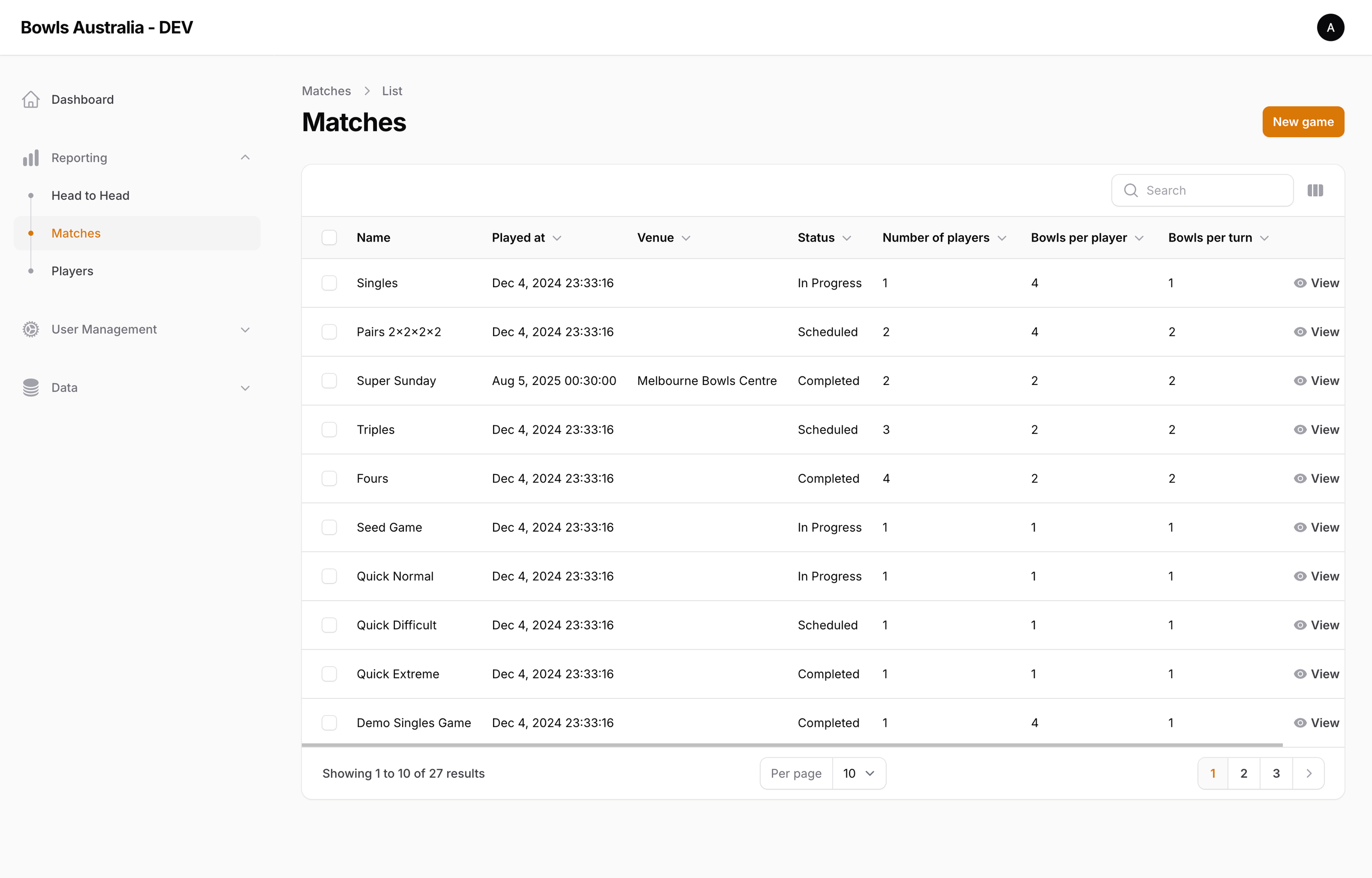 Admin backend view showing mock list of Matches