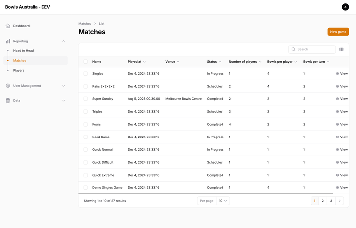 Admin backend view showing mock list of Matches