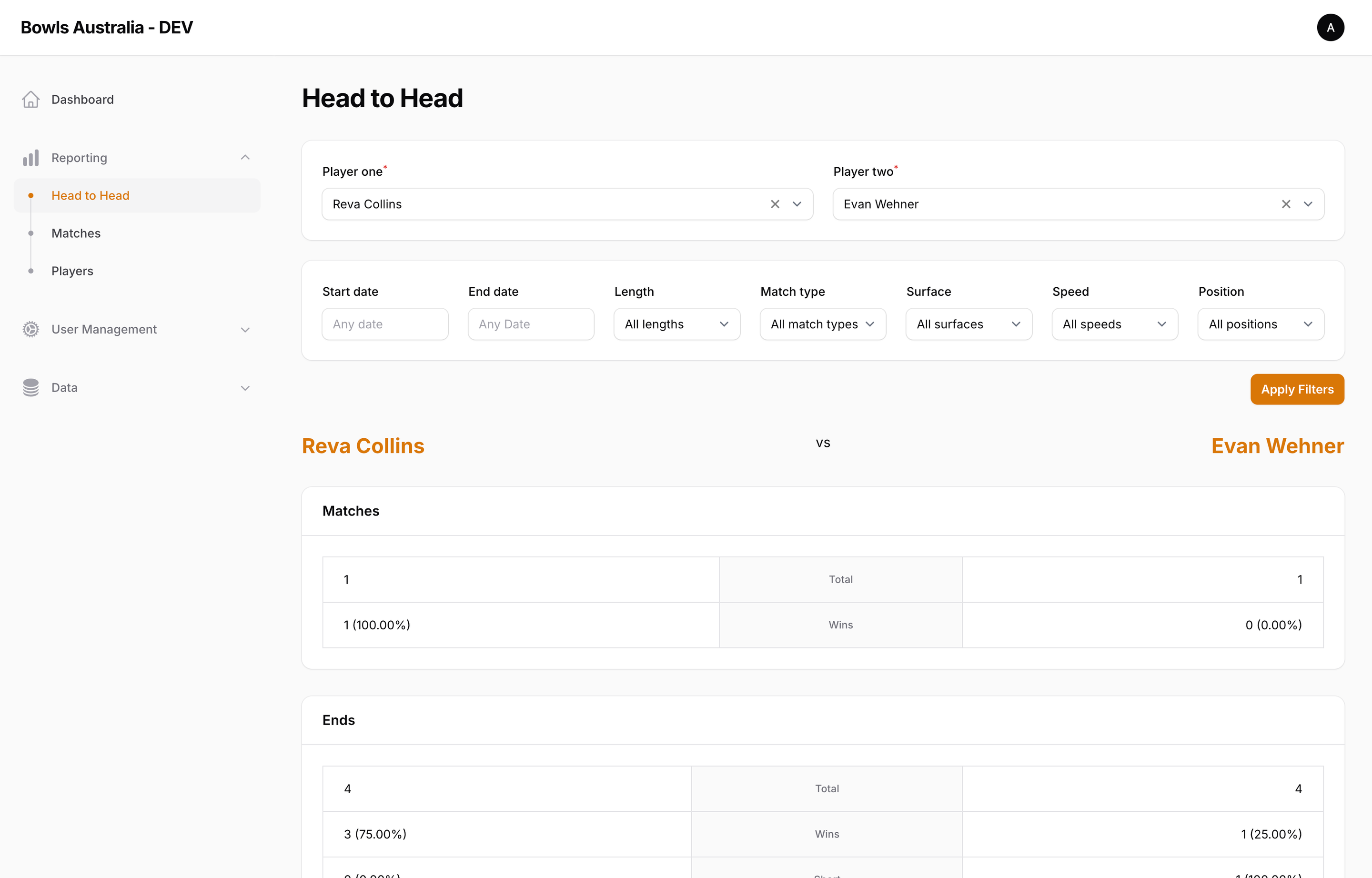 Admin backend view showing mock player Head-to-Head data