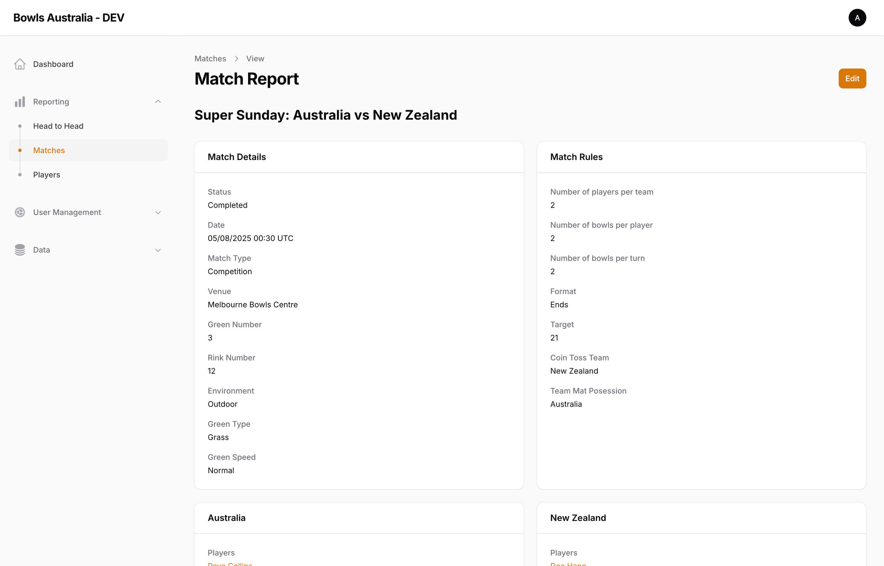 Admin backend view showing a mock Bowls Match report
