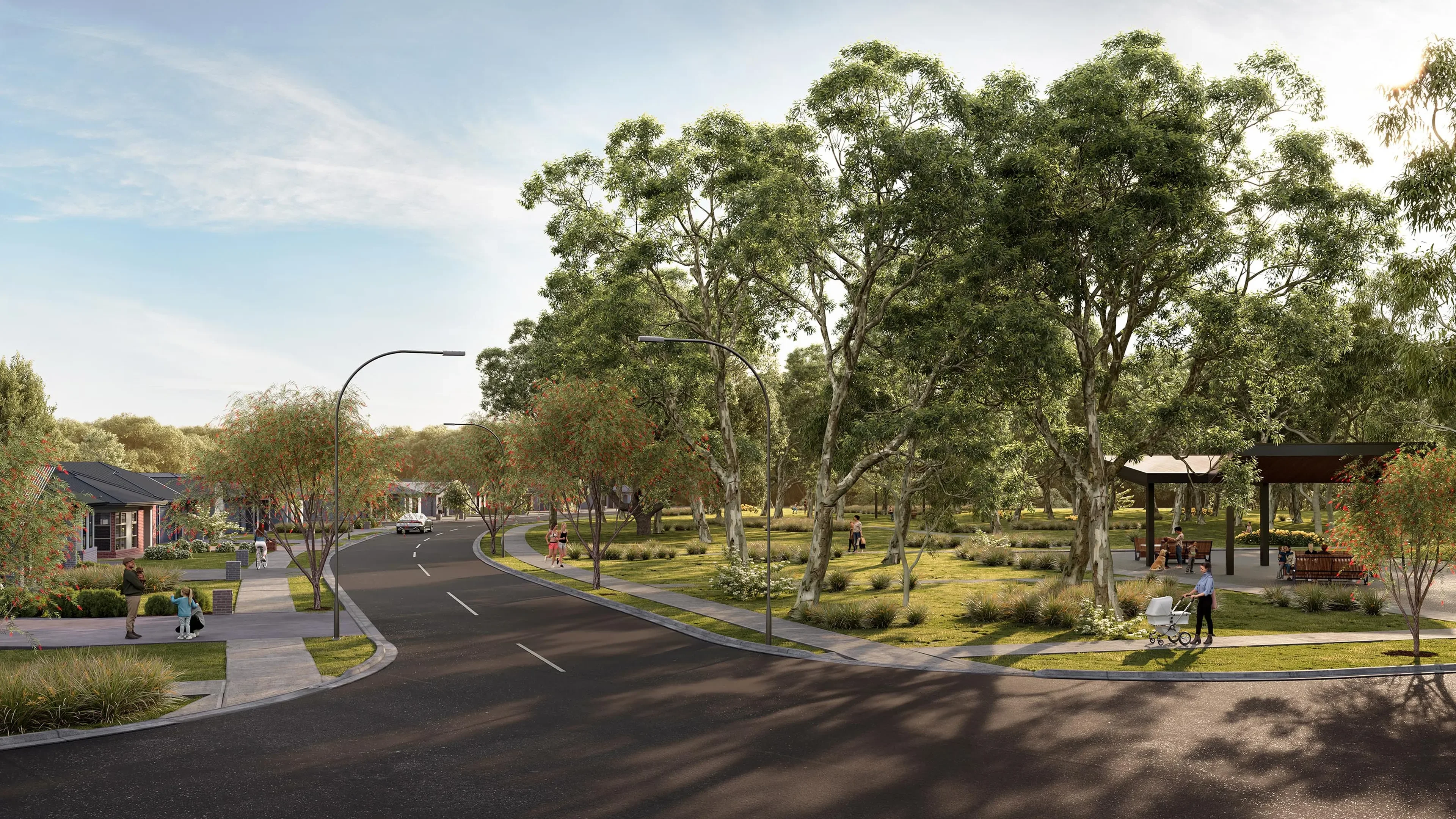 Tree lined street and families out walking
