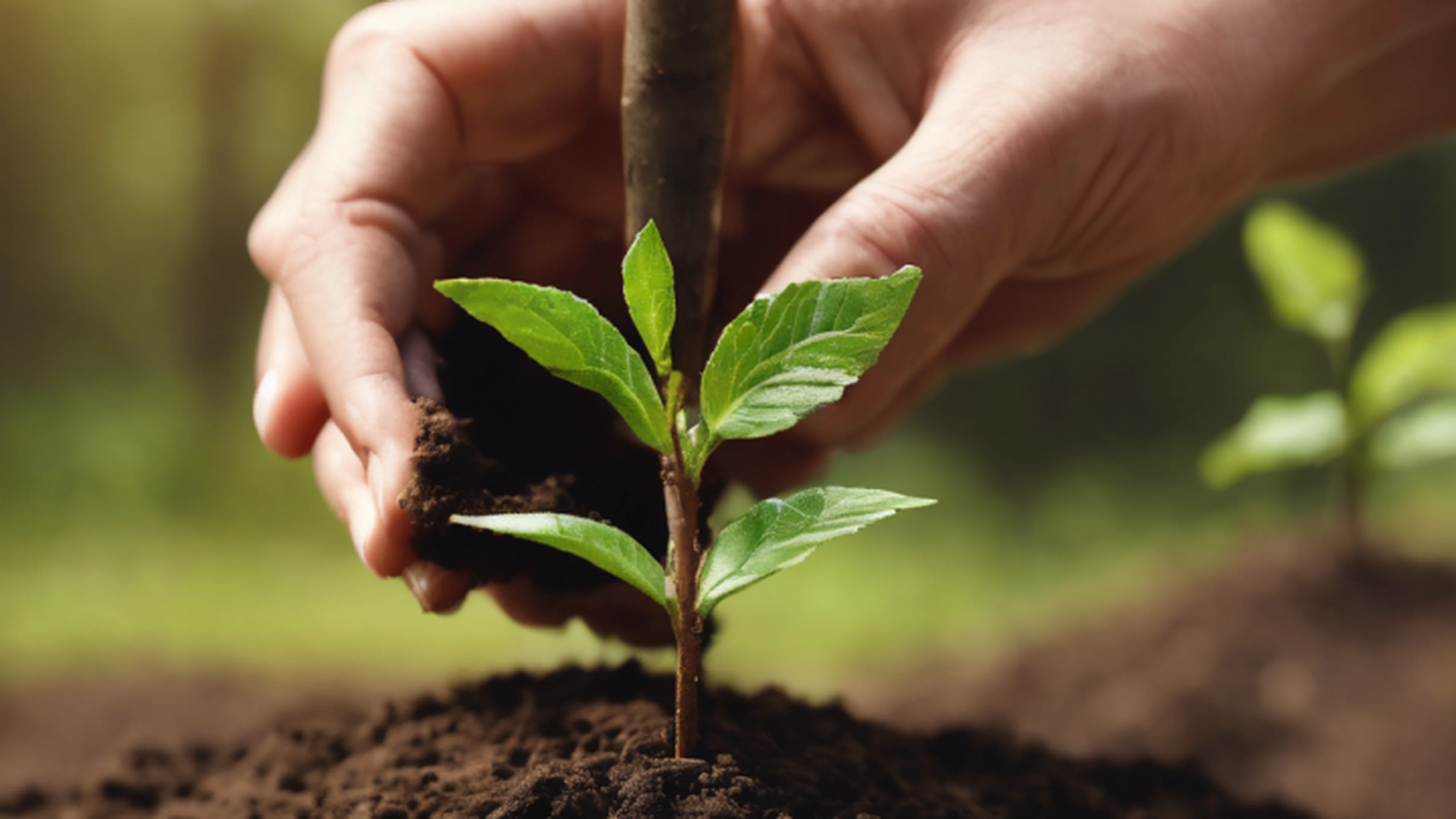 Close up of hand planting a seedling