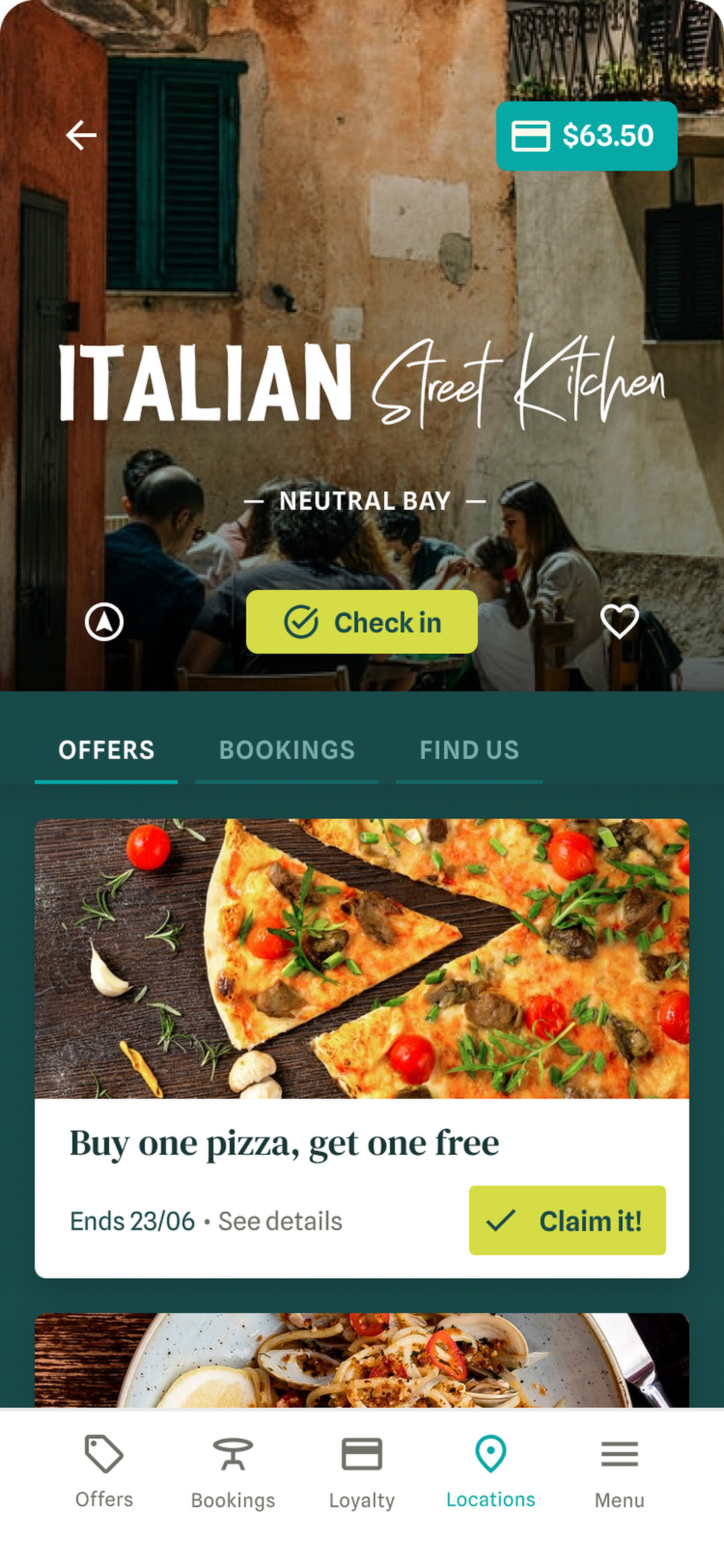 Seagrass app showing offers available at Italian Street Kitchen restaurant