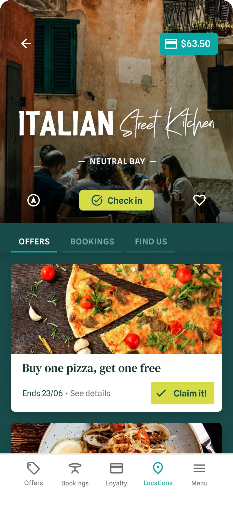 Seagrass app showing offers available at Italian Street Kitchen restaurant